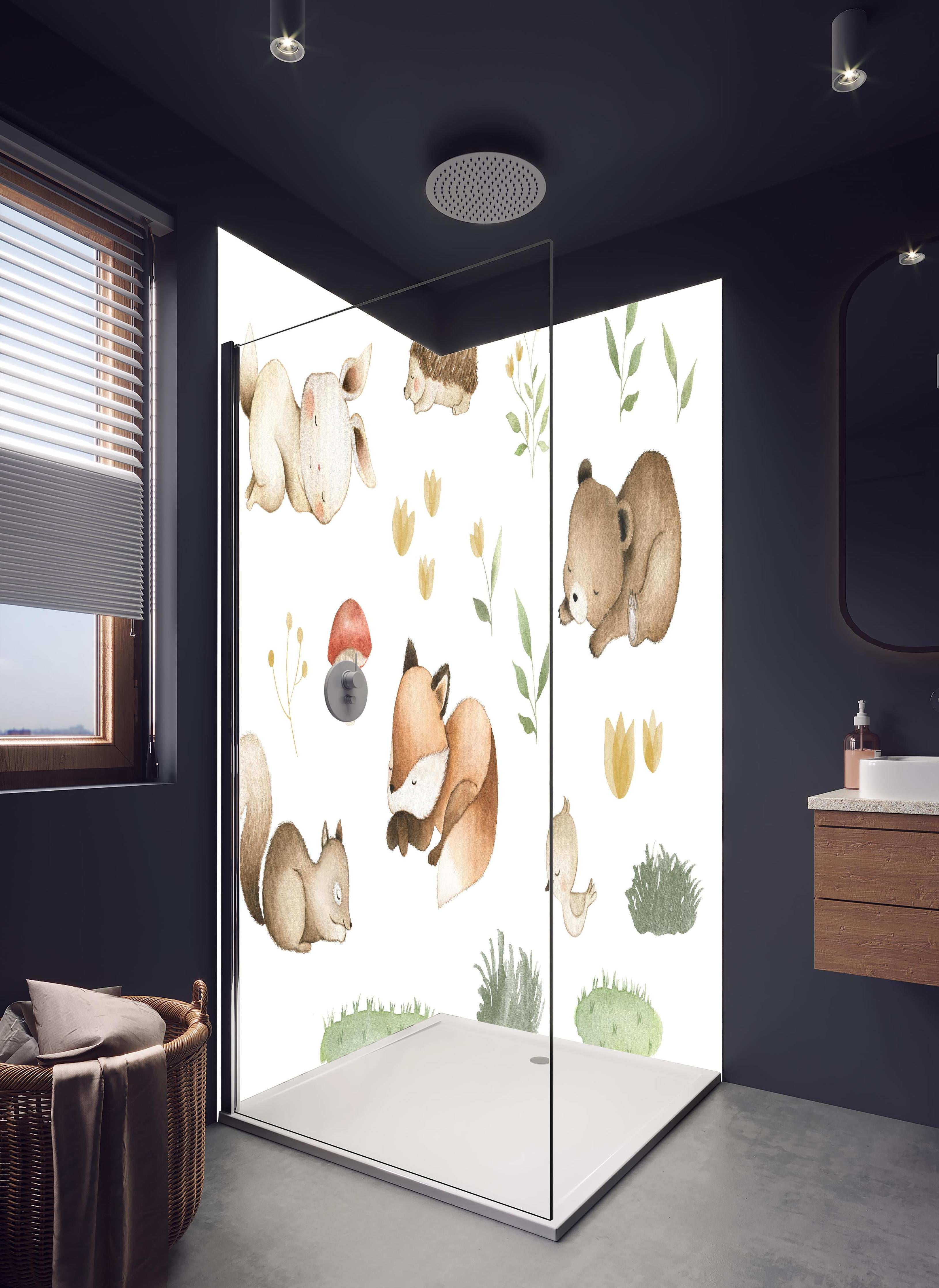 Duschrückwand - Kindermotiv - Schlafende Tierchen in hellem Badezimmer mit Regenduschkopf - zweiteilige Eck-Duschrückwand