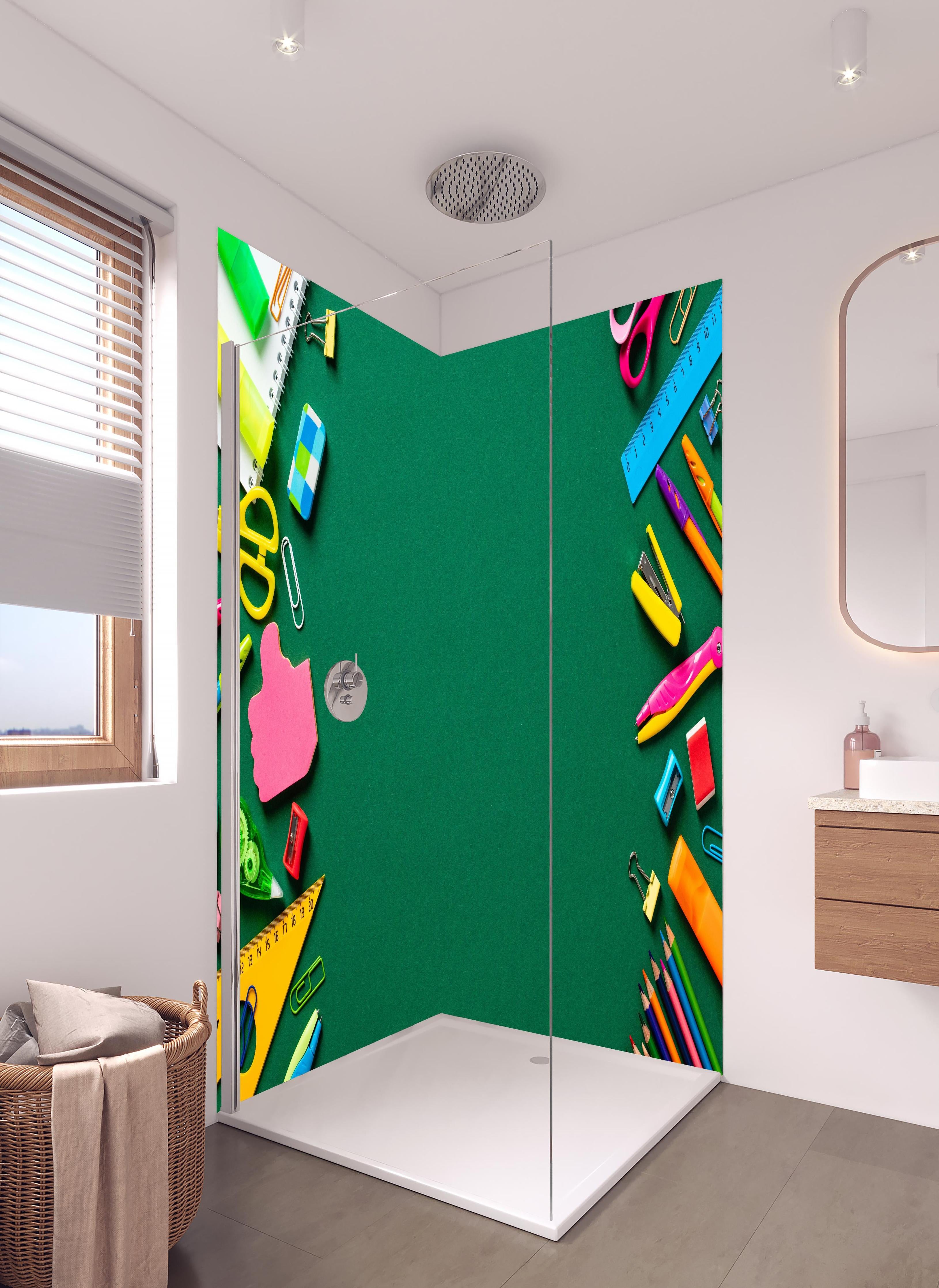 Duschrückwand - Kindermotiv - Schulsachen in hellem Badezimmer mit Regenduschkopf - zweiteilige Eck-Duschrückwand