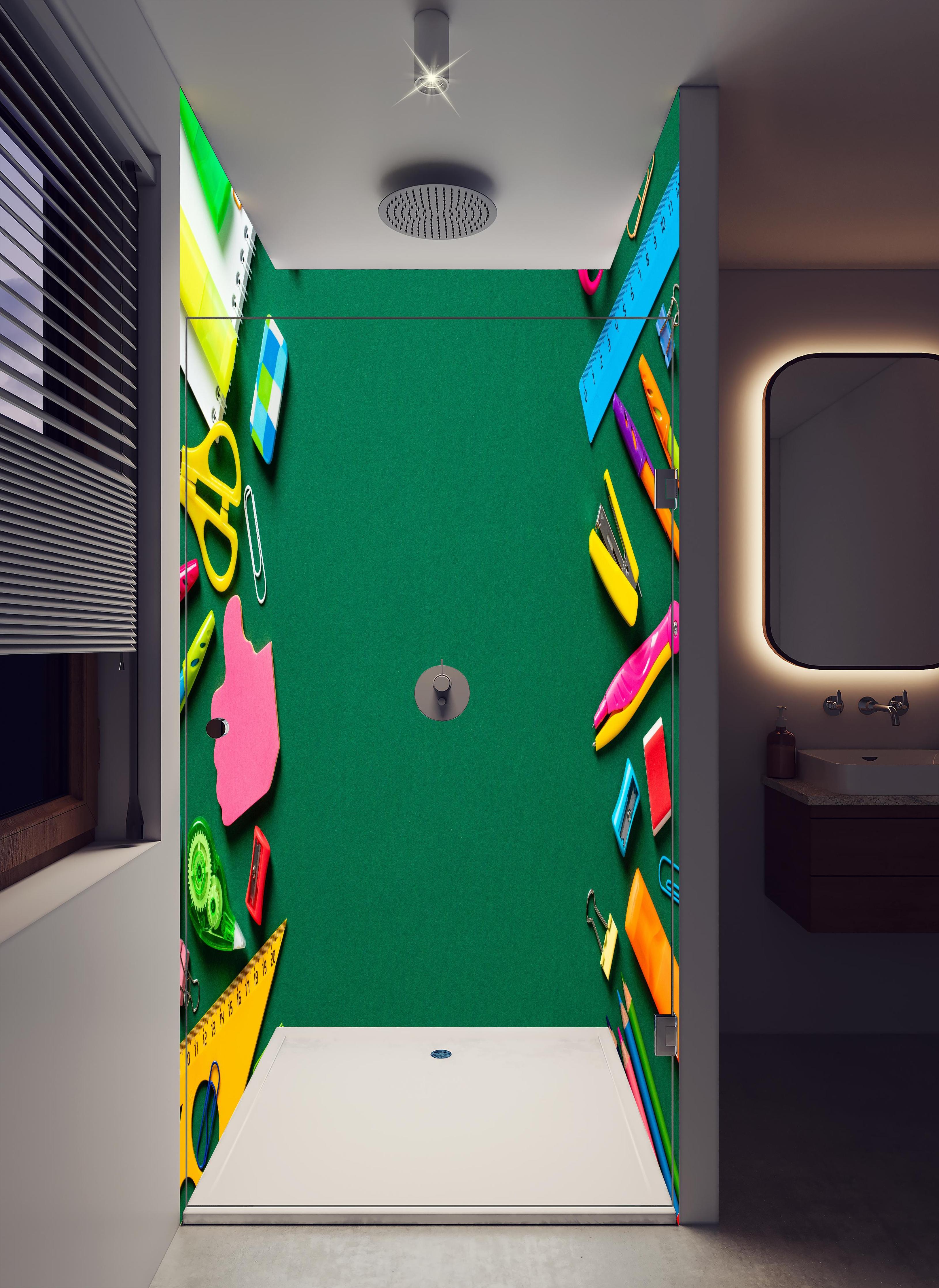 Duschrückwand - Kindermotiv - Schulsachen in hellem Badezimmer mit Regenduschkopf - zweiteilige Eck-Duschrückwand