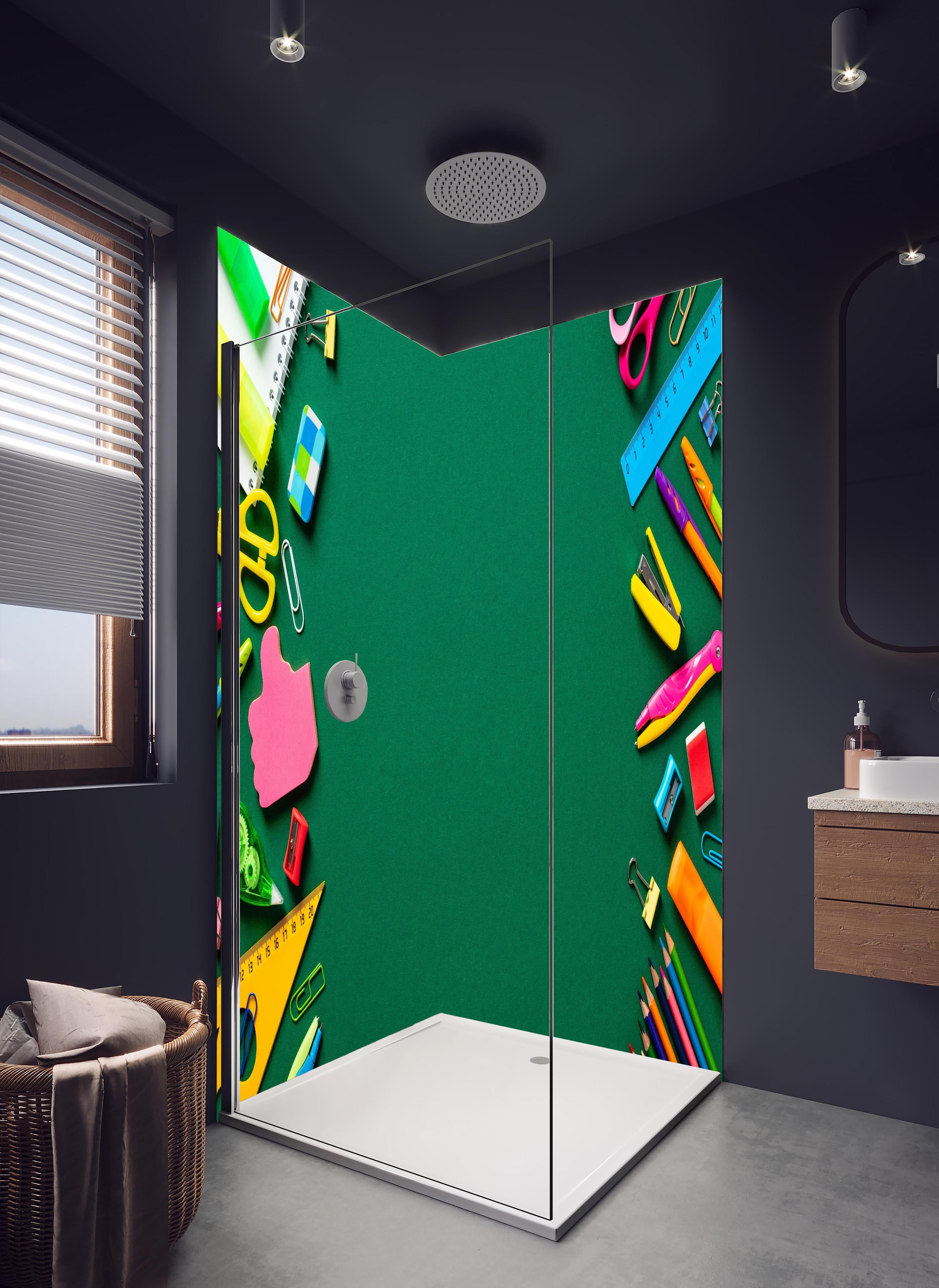 Duschrückwand - Kindermotiv - Schulsachen in hellem Badezimmer mit Regenduschkopf - zweiteilige Eck-Duschrückwand