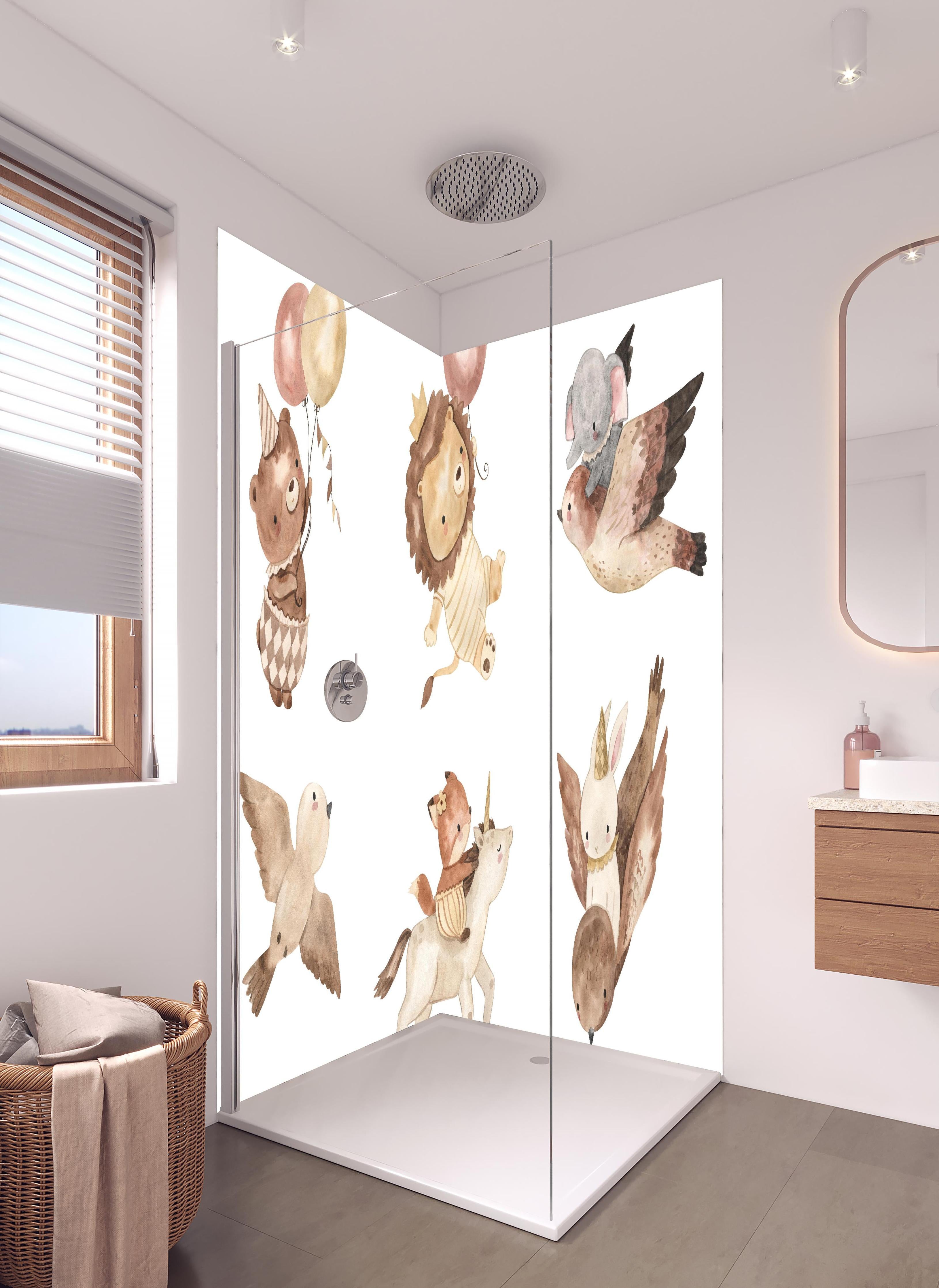 Duschrückwand - Kindermotiv - Tiere in den Lüften in hellem Badezimmer mit Regenduschkopf - zweiteilige Eck-Duschrückwand