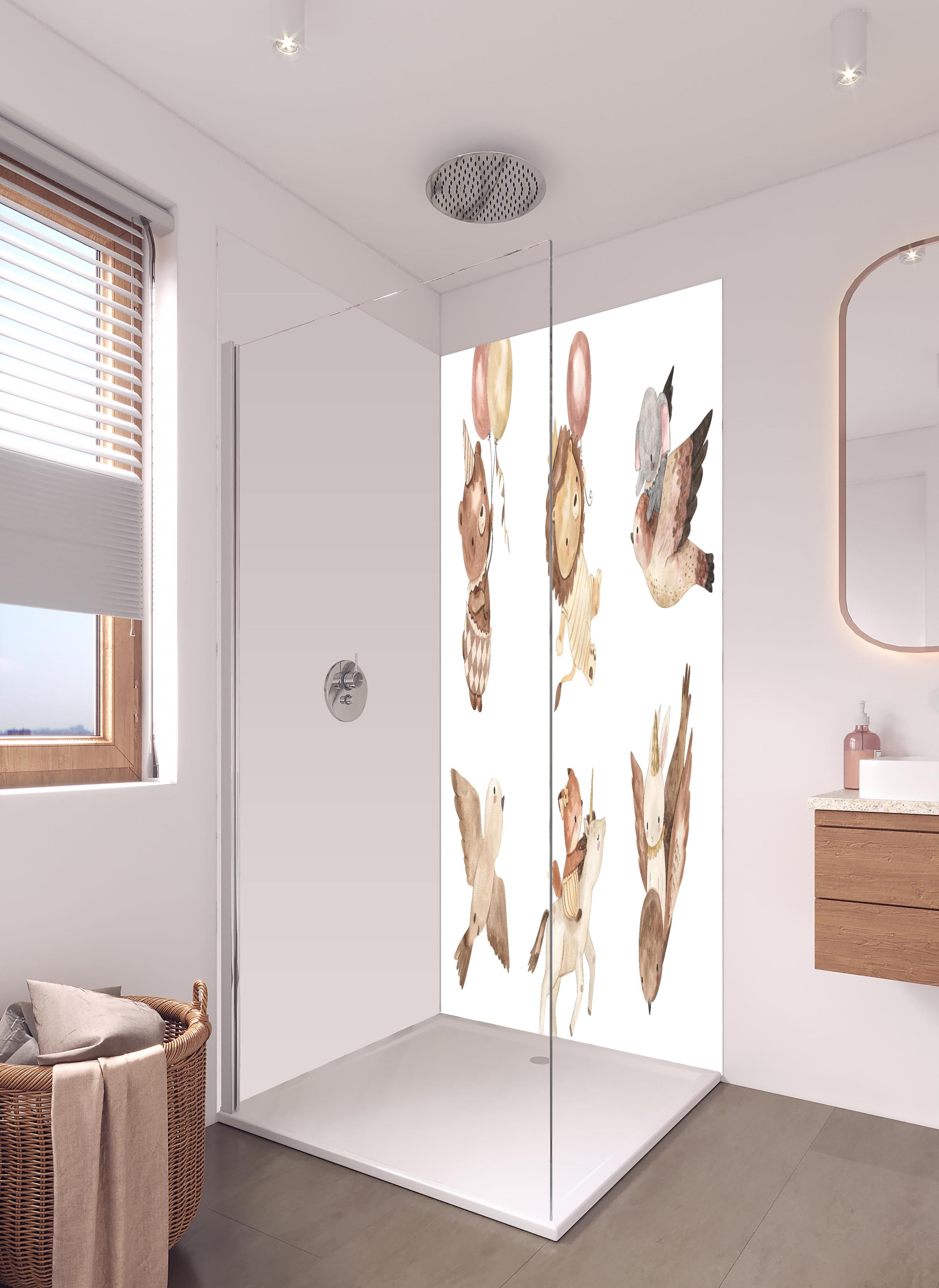 Duschrückwand - Kindermotiv - Tiere in den Lüften in hellem Badezimmer mit Regenduschkopf - zweiteilige Eck-Duschrückwand