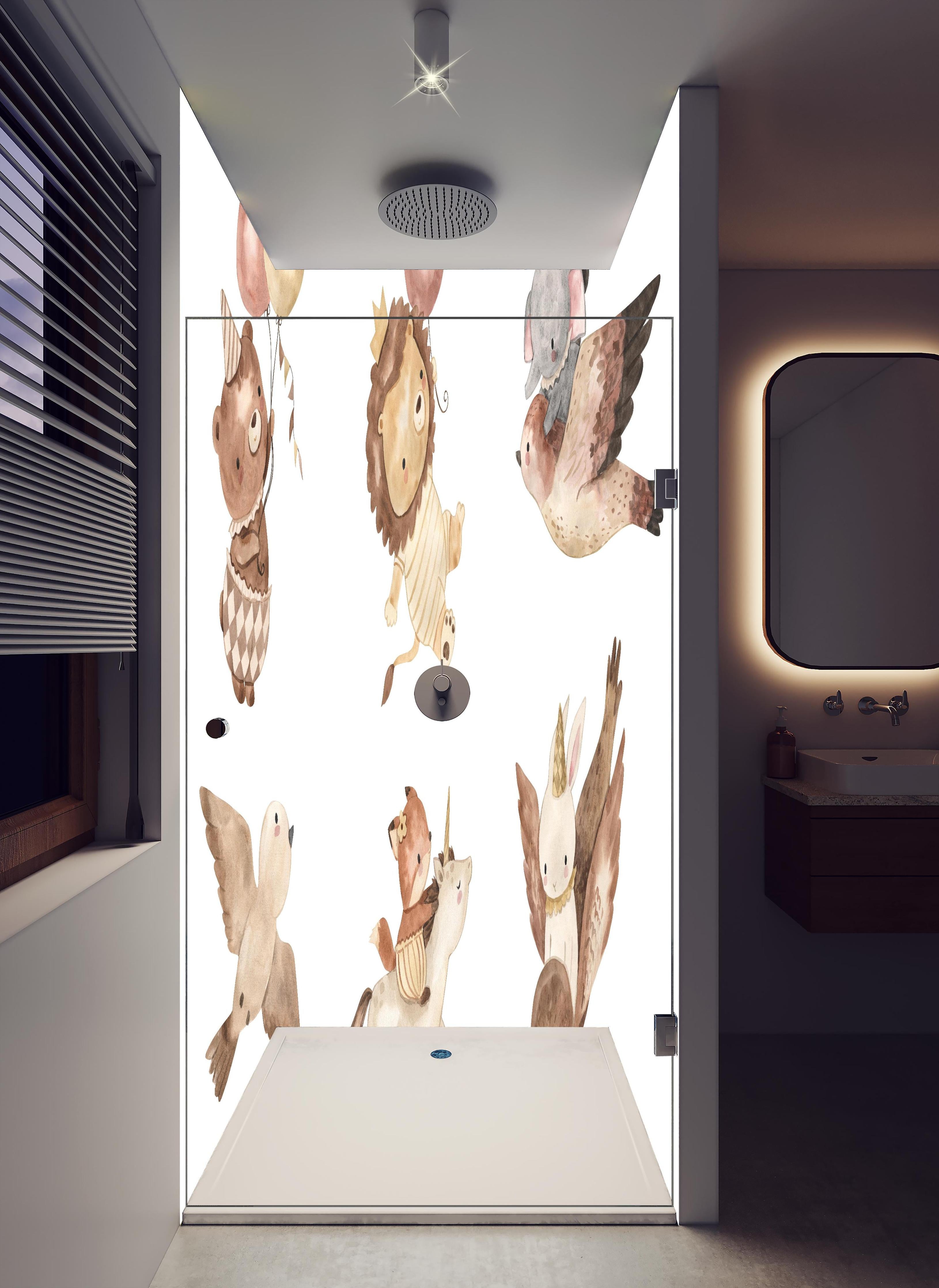 Duschrückwand - Kindermotiv - Tiere in den Lüften in hellem Badezimmer mit Regenduschkopf - zweiteilige Eck-Duschrückwand