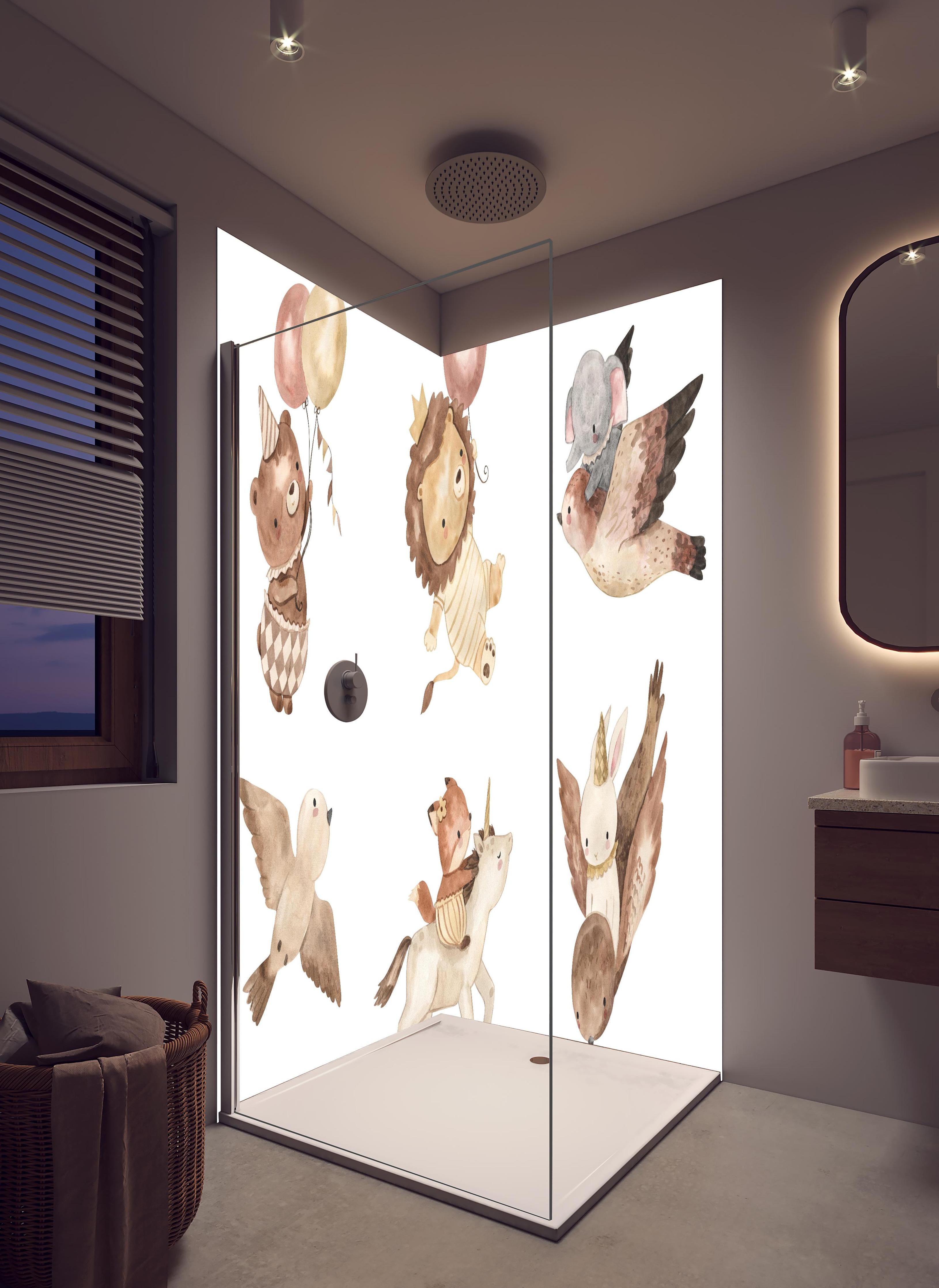 Duschrückwand - Kindermotiv - Tiere in den Lüften in hellem Badezimmer mit Regenduschkopf - zweiteilige Eck-Duschrückwand