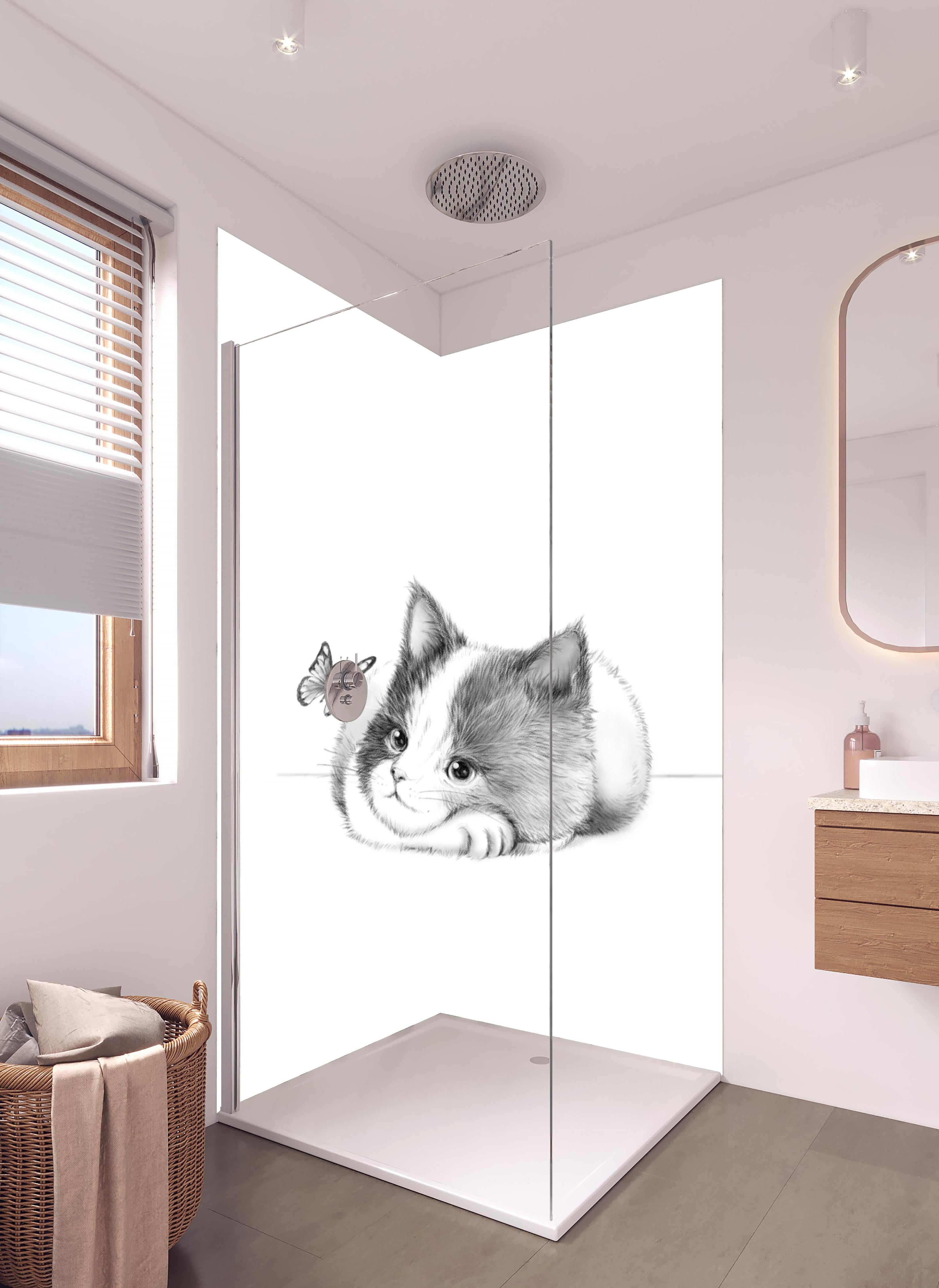 Duschrückwand - Kindermotiv einer Katze - Schwarz-weiß in hellem Badezimmer mit Regenduschkopf - zweiteilige Eck-Duschrückwand