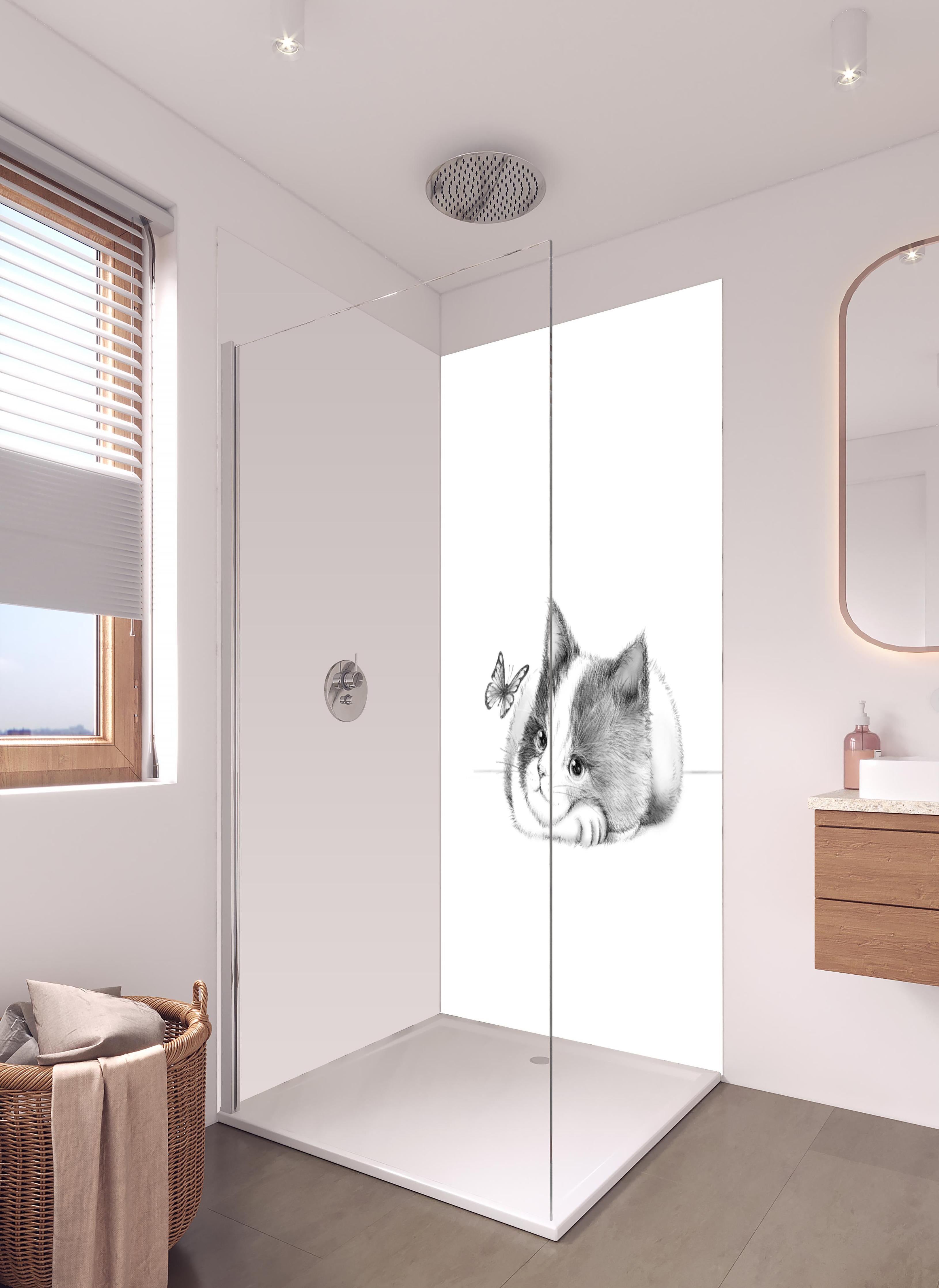 Duschrückwand - Kindermotiv einer Katze - Schwarz-weiß in hellem Badezimmer mit Regenduschkopf - zweiteilige Eck-Duschrückwand