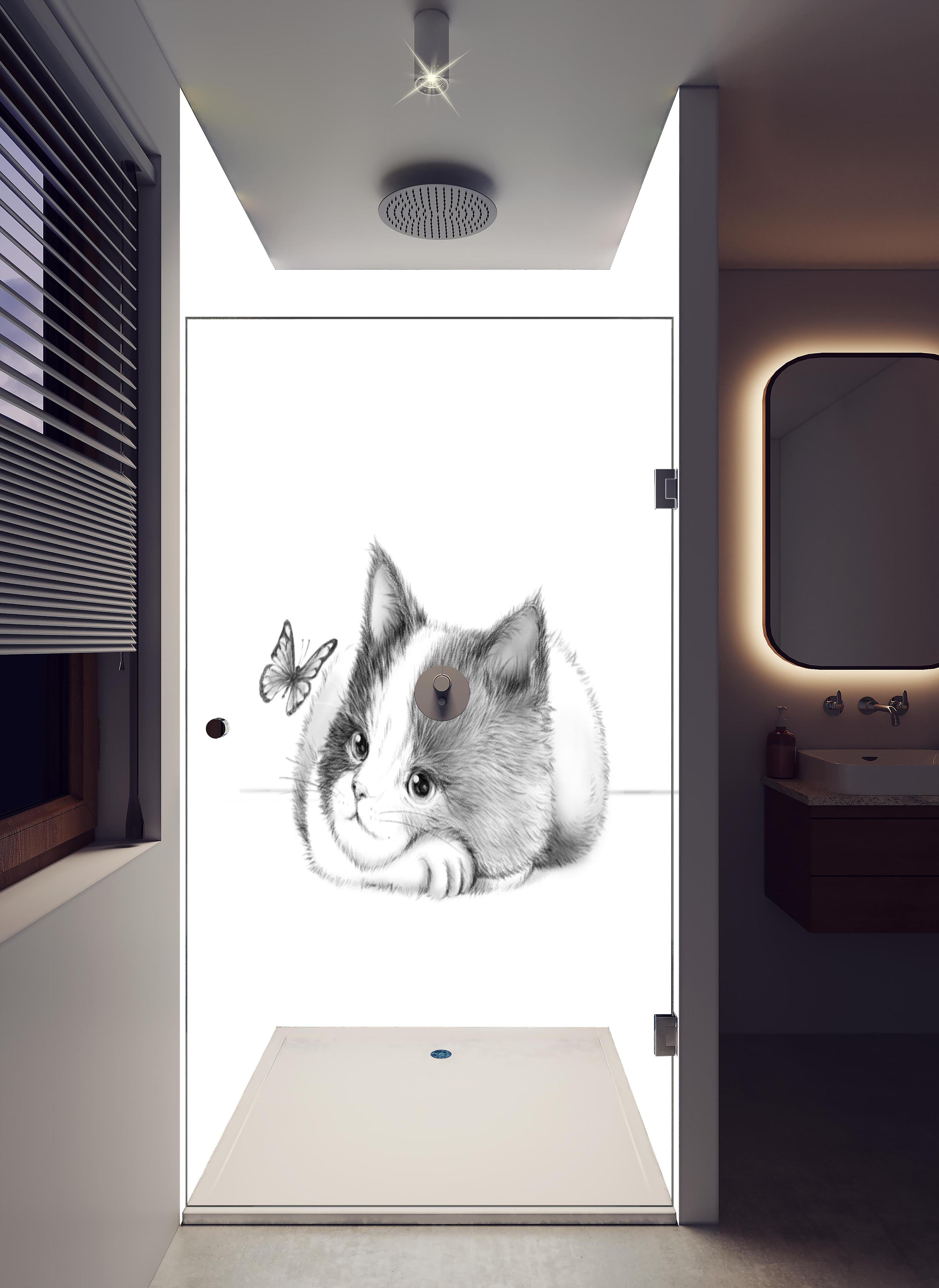 Duschrückwand - Kindermotiv einer Katze - Schwarz-weiß in hellem Badezimmer mit Regenduschkopf - zweiteilige Eck-Duschrückwand