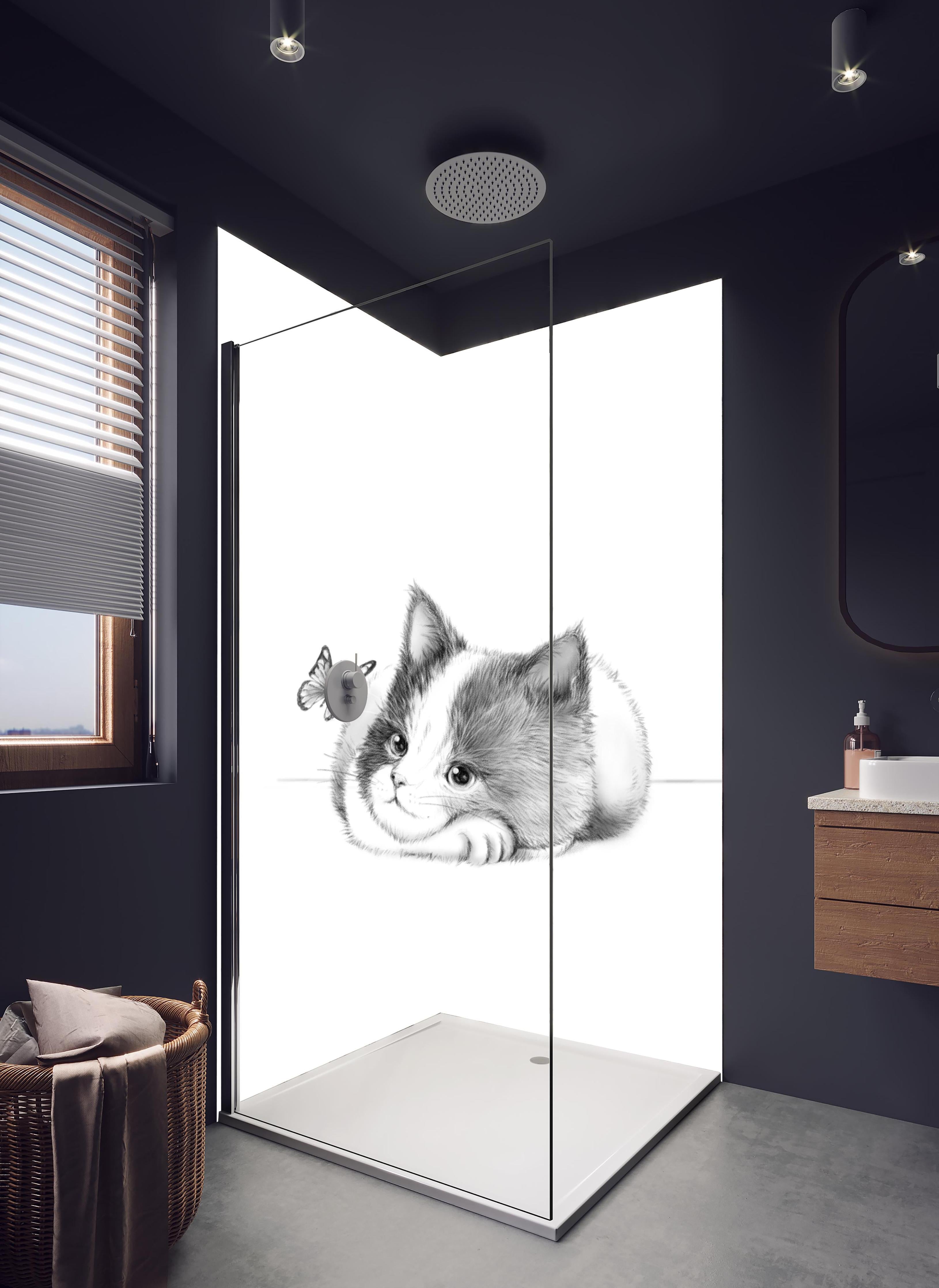 Duschrückwand - Kindermotiv einer Katze - Schwarz-weiß in hellem Badezimmer mit Regenduschkopf - zweiteilige Eck-Duschrückwand