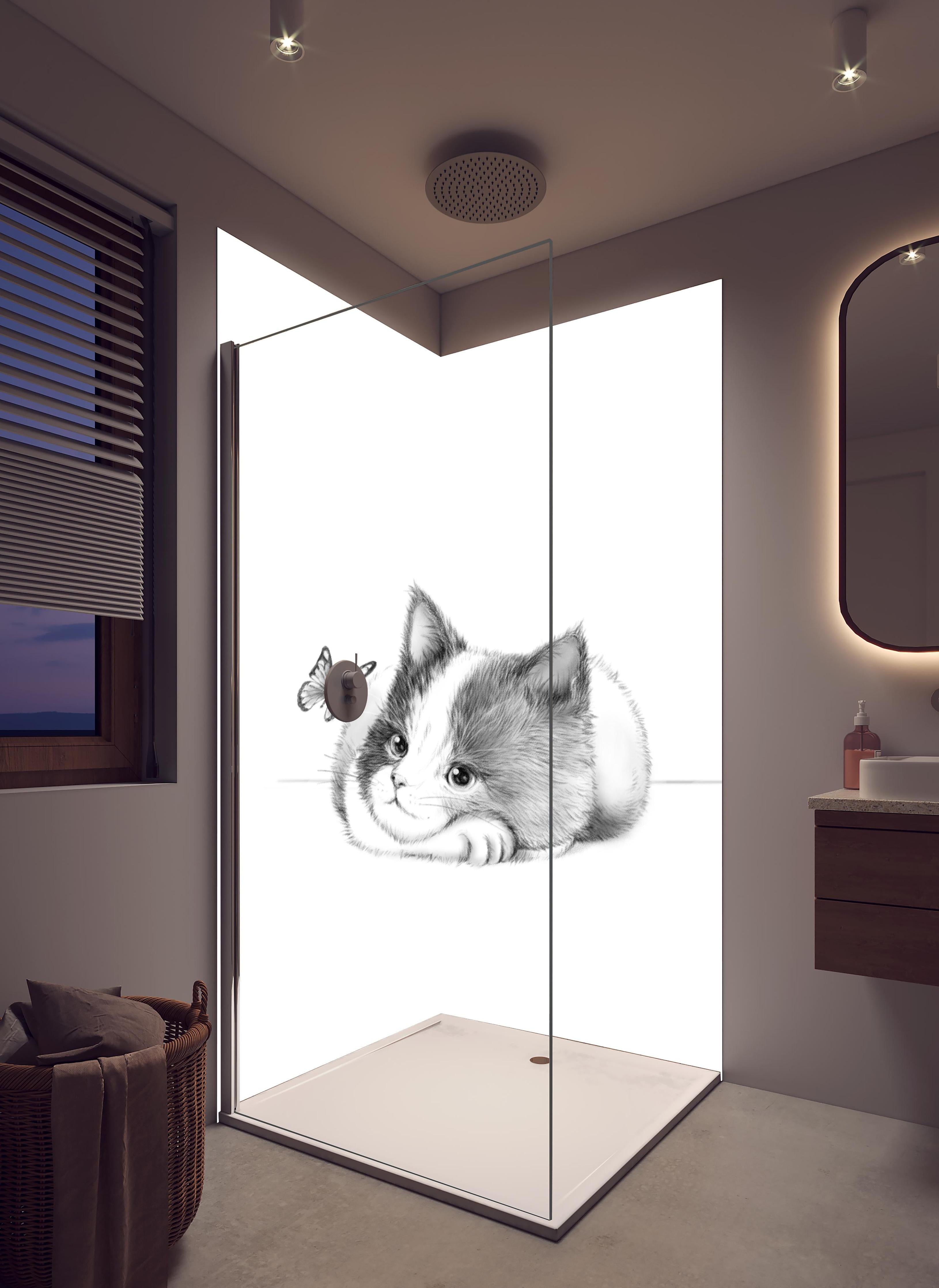 Duschrückwand - Kindermotiv einer Katze - Schwarz-weiß in hellem Badezimmer mit Regenduschkopf - zweiteilige Eck-Duschrückwand