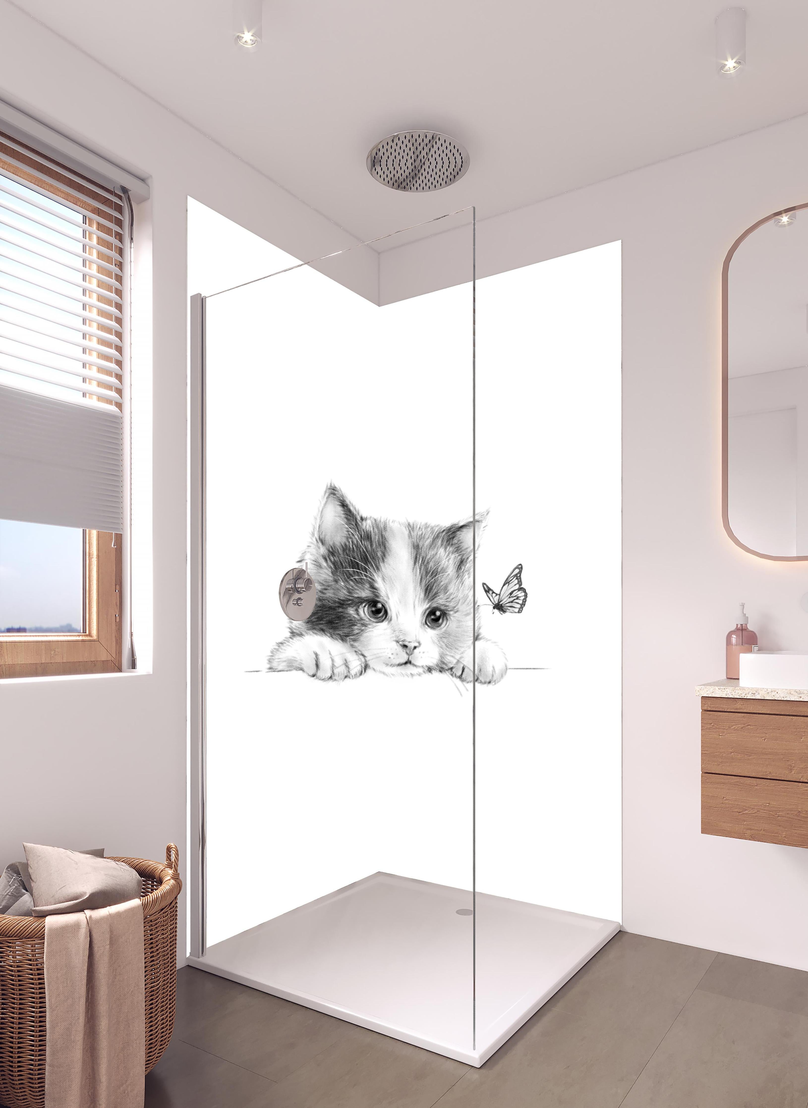 Duschrückwand - Kindermotiv einer Katze - schwarz-weiß in hellem Badezimmer mit Regenduschkopf - zweiteilige Eck-Duschrückwand