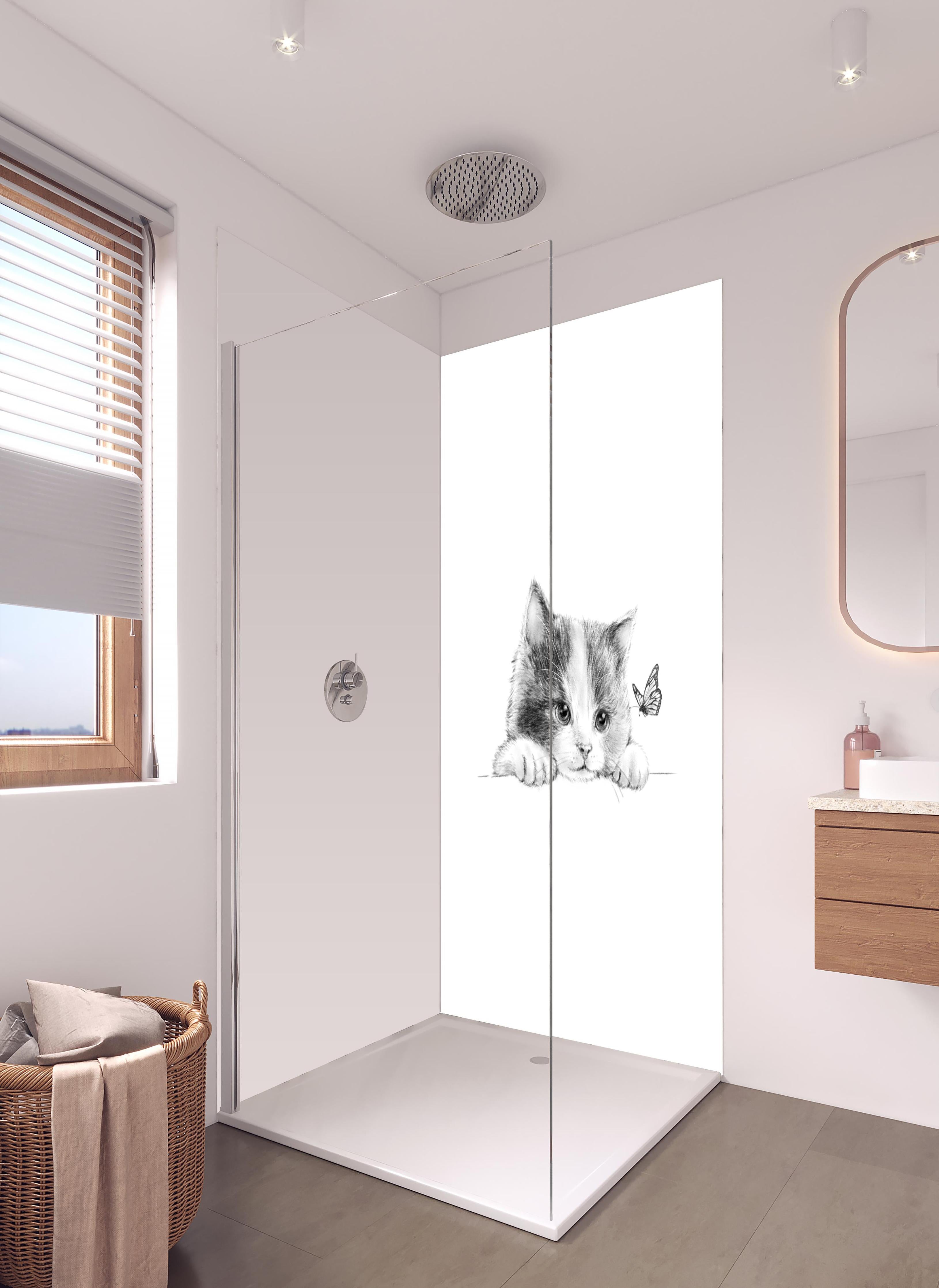 Duschrückwand - Kindermotiv einer Katze - schwarz-weiß in hellem Badezimmer mit Regenduschkopf - zweiteilige Eck-Duschrückwand