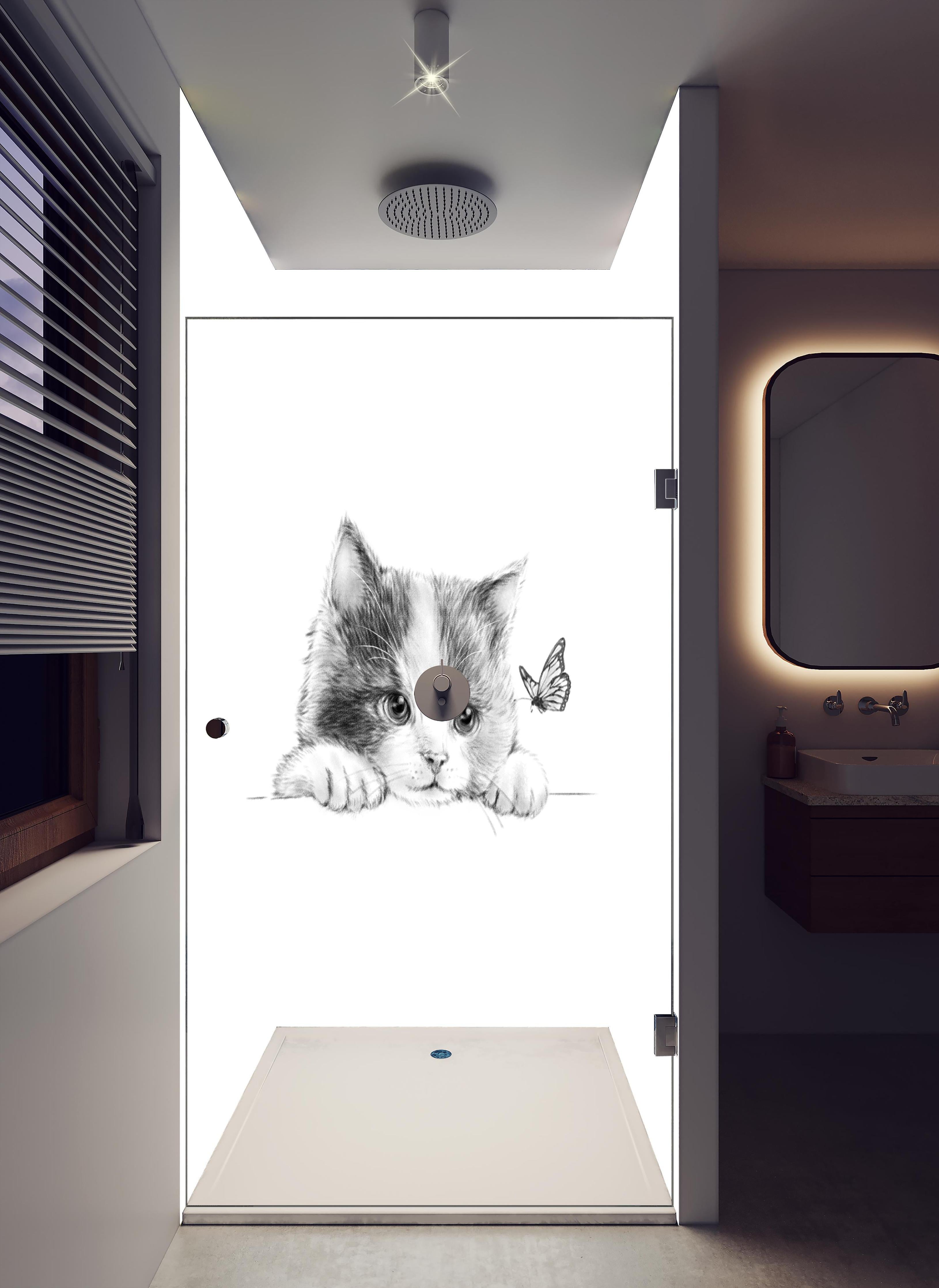 Duschrückwand - Kindermotiv einer Katze - schwarz-weiß in hellem Badezimmer mit Regenduschkopf - zweiteilige Eck-Duschrückwand