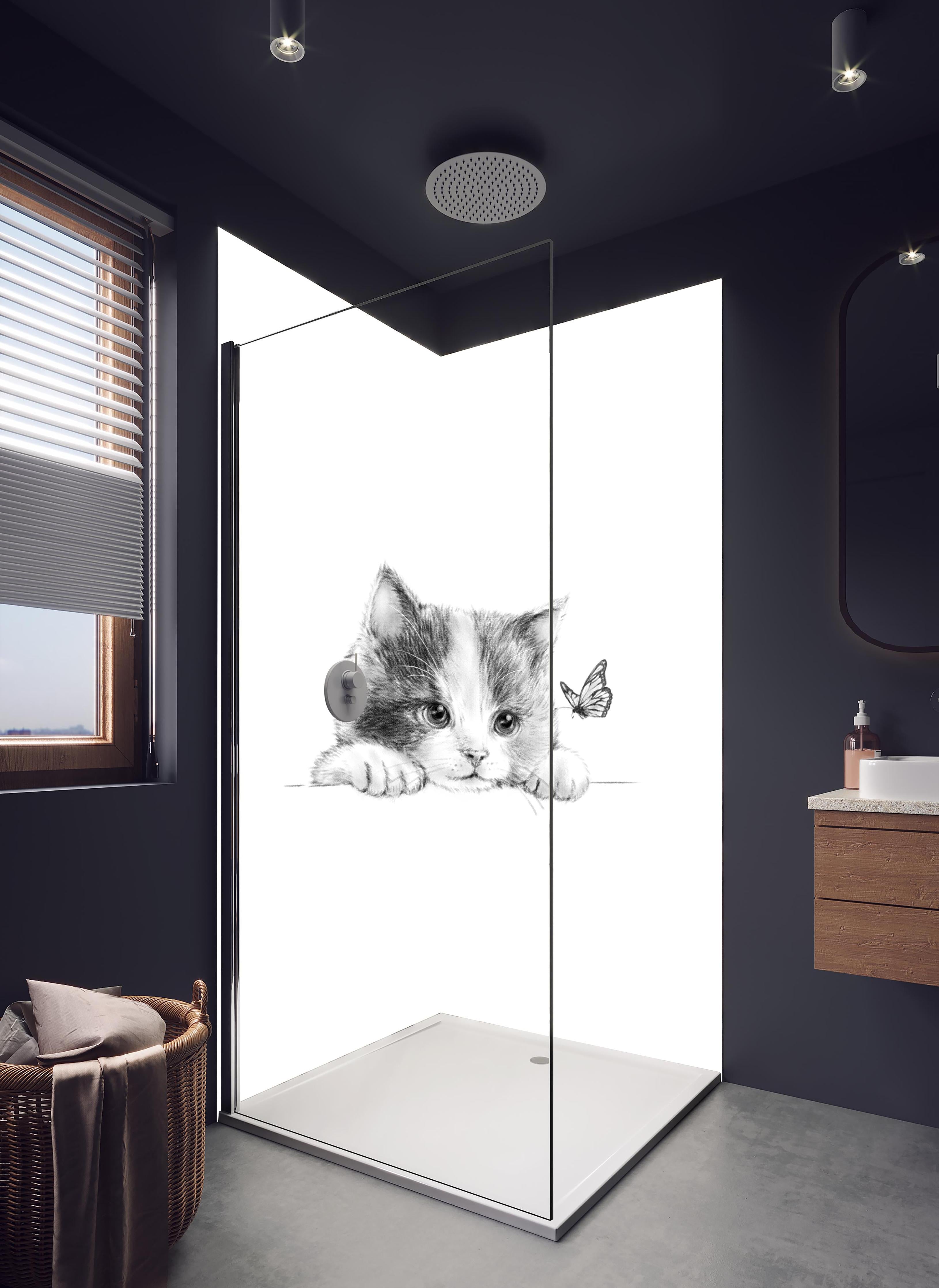 Duschrückwand - Kindermotiv einer Katze - schwarz-weiß in hellem Badezimmer mit Regenduschkopf - zweiteilige Eck-Duschrückwand