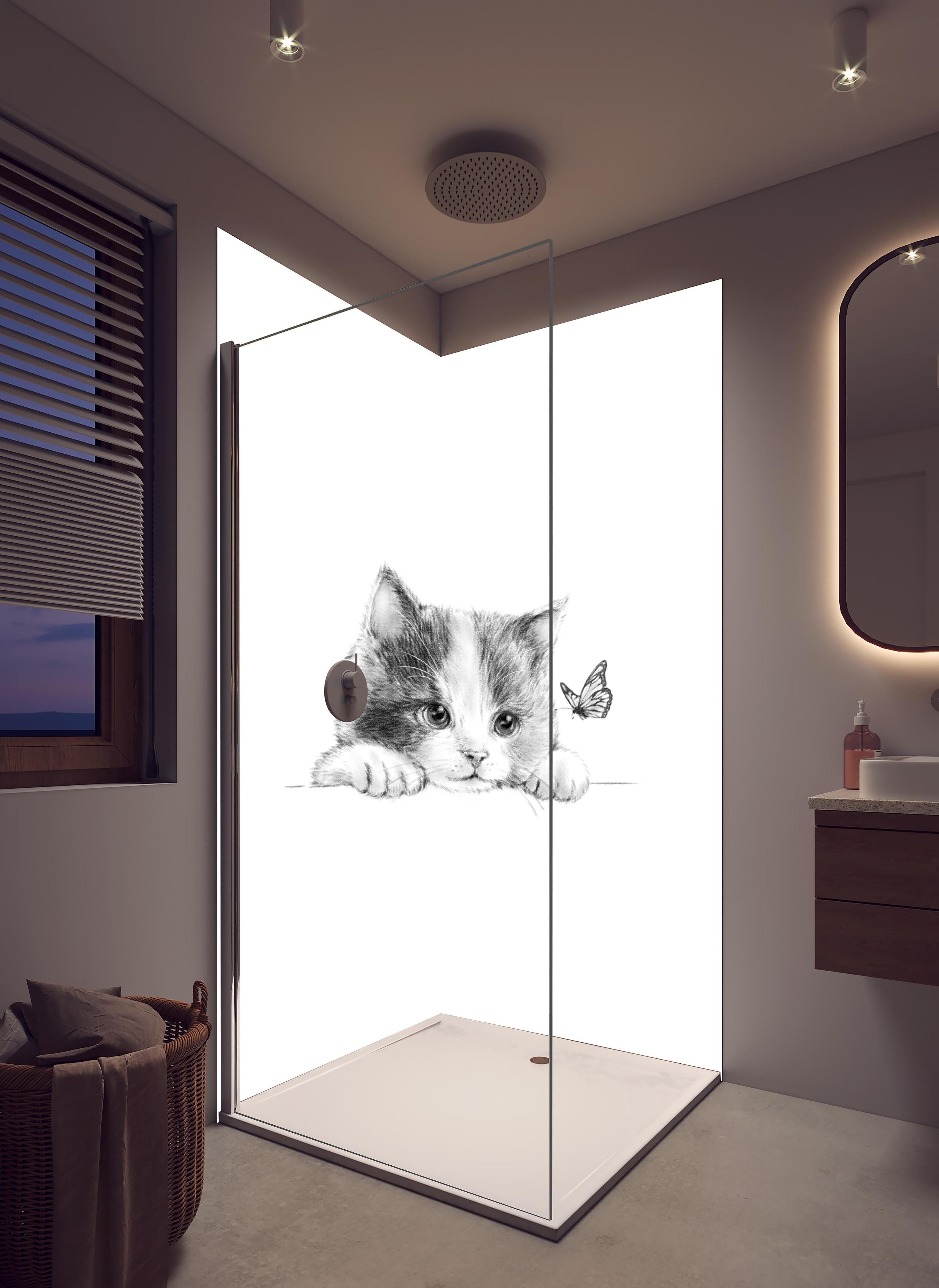 Duschrückwand - Kindermotiv einer Katze - schwarz-weiß in hellem Badezimmer mit Regenduschkopf - zweiteilige Eck-Duschrückwand