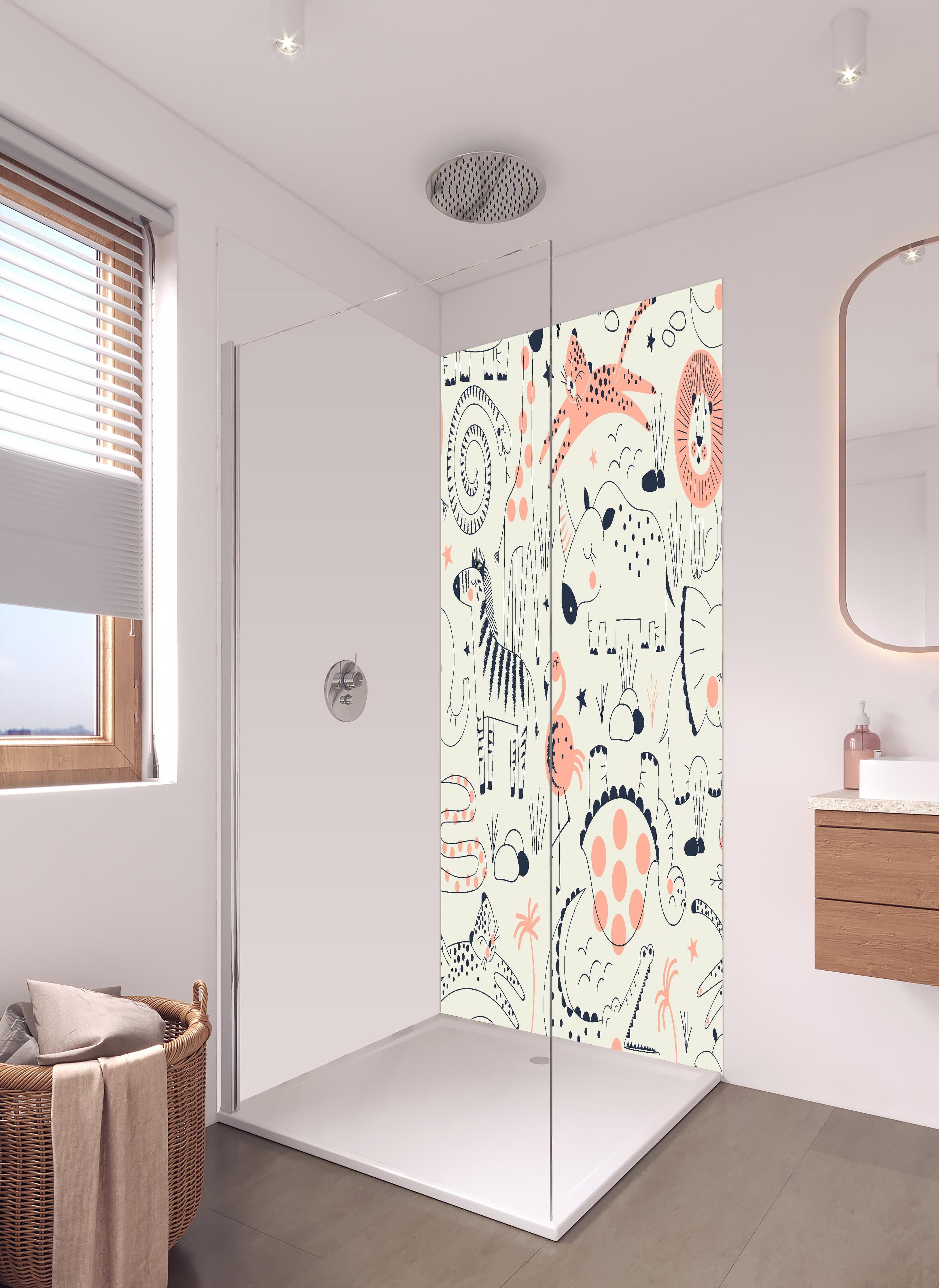 Duschrückwand - Kindermotive Tierzeichnungen in Pastellfarben in hellem Badezimmer mit Regenduschkopf - zweiteilige Eck-Duschrückwand