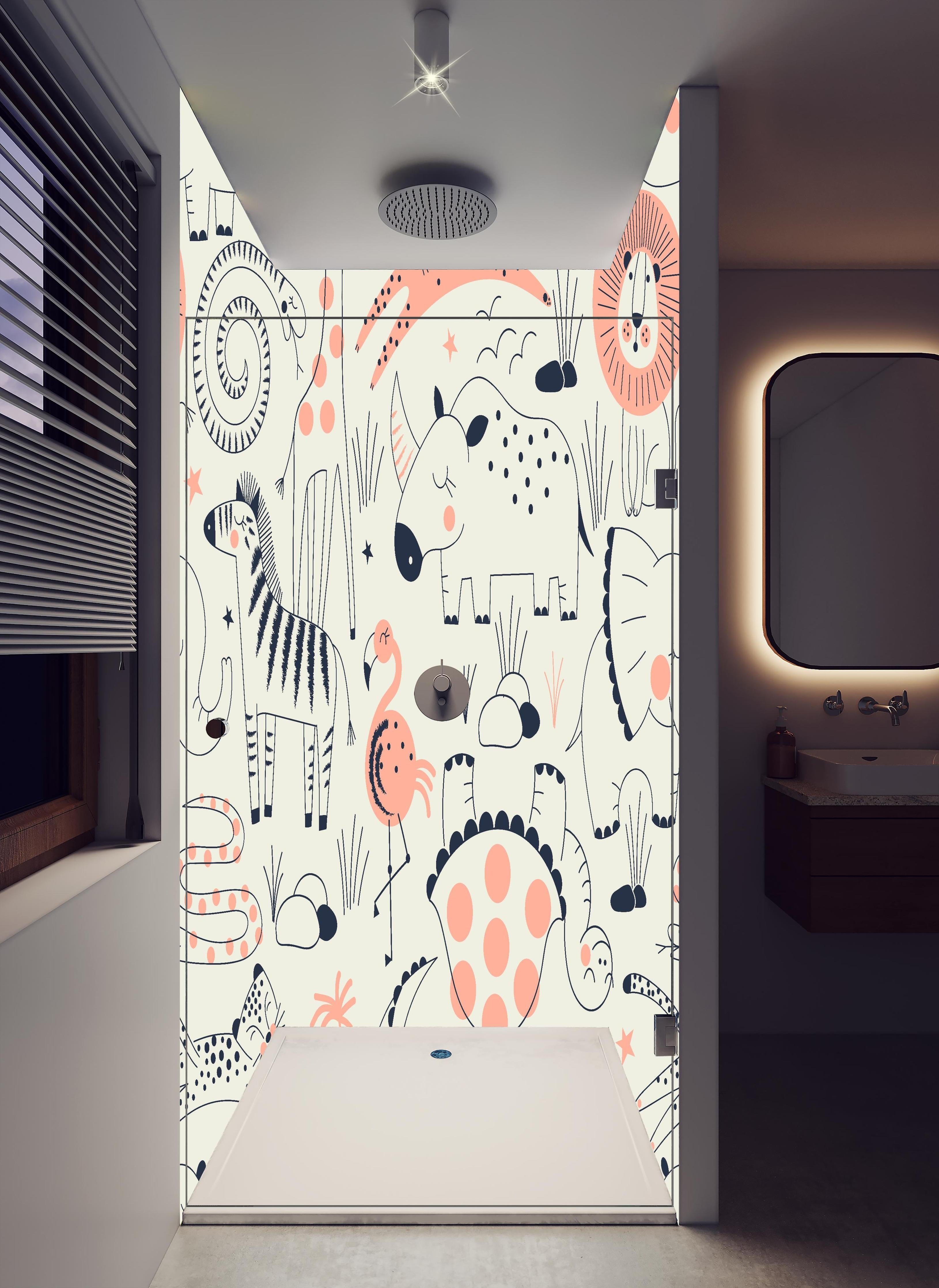 Duschrückwand - Kindermotive Tierzeichnungen in Pastellfarben in hellem Badezimmer mit Regenduschkopf - zweiteilige Eck-Duschrückwand