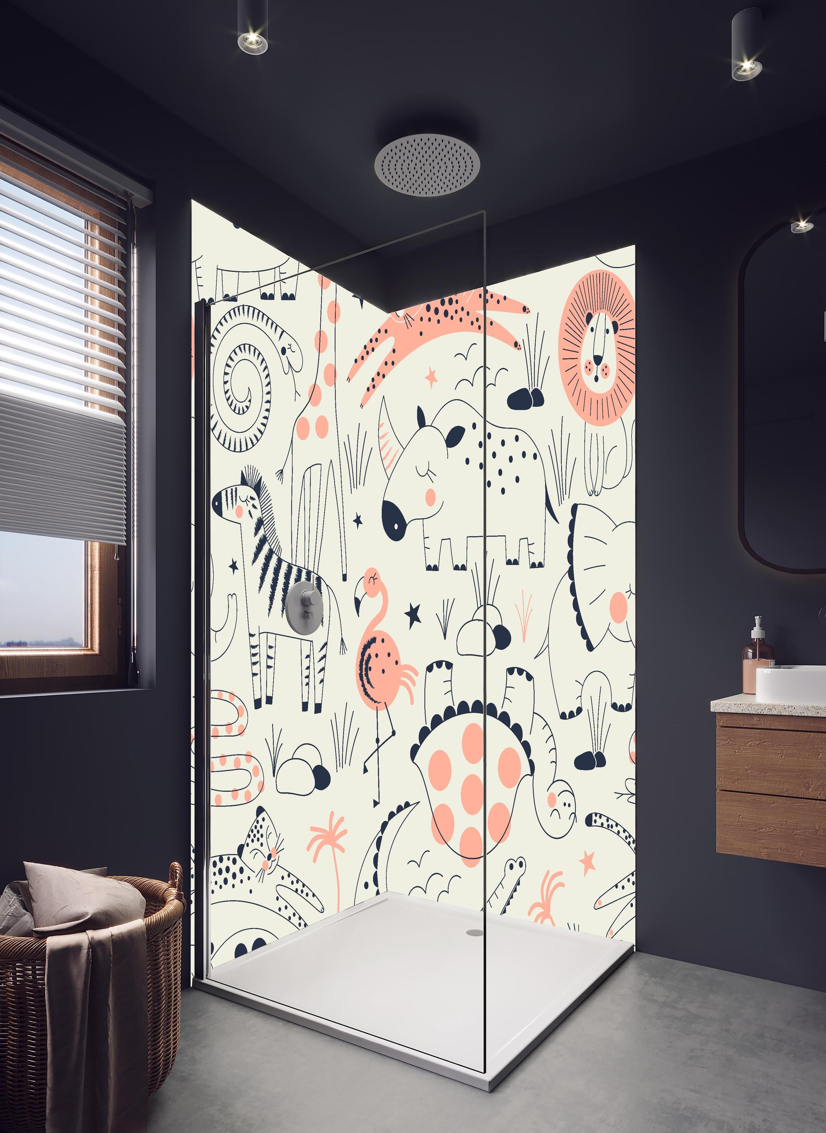 Duschrückwand - Kindermotive Tierzeichnungen in Pastellfarben in hellem Badezimmer mit Regenduschkopf - zweiteilige Eck-Duschrückwand