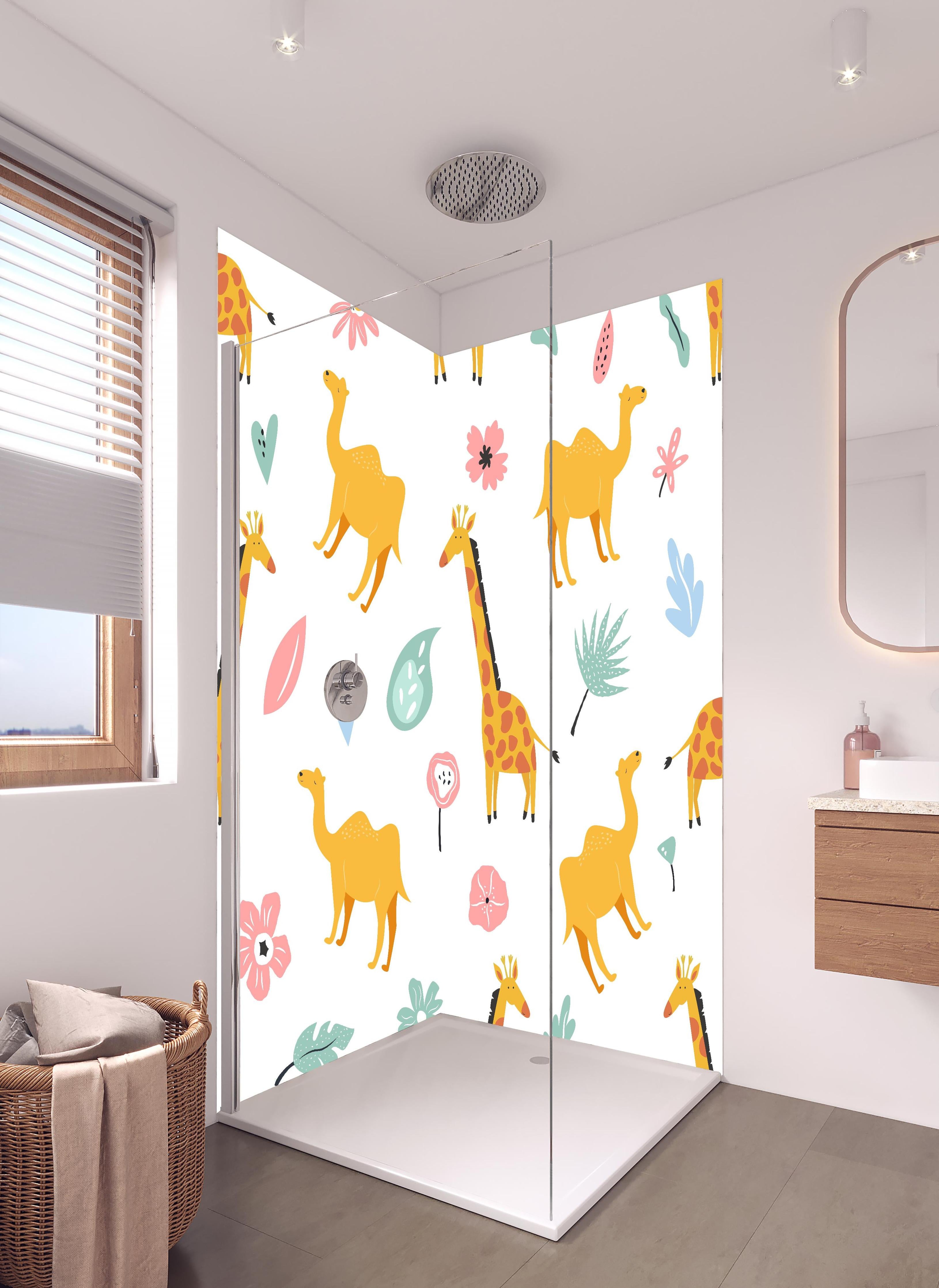 Duschrückwand - Kindermuster mit Giraffen und Blumen in hellem Badezimmer mit Regenduschkopf - zweiteilige Eck-Duschrückwand