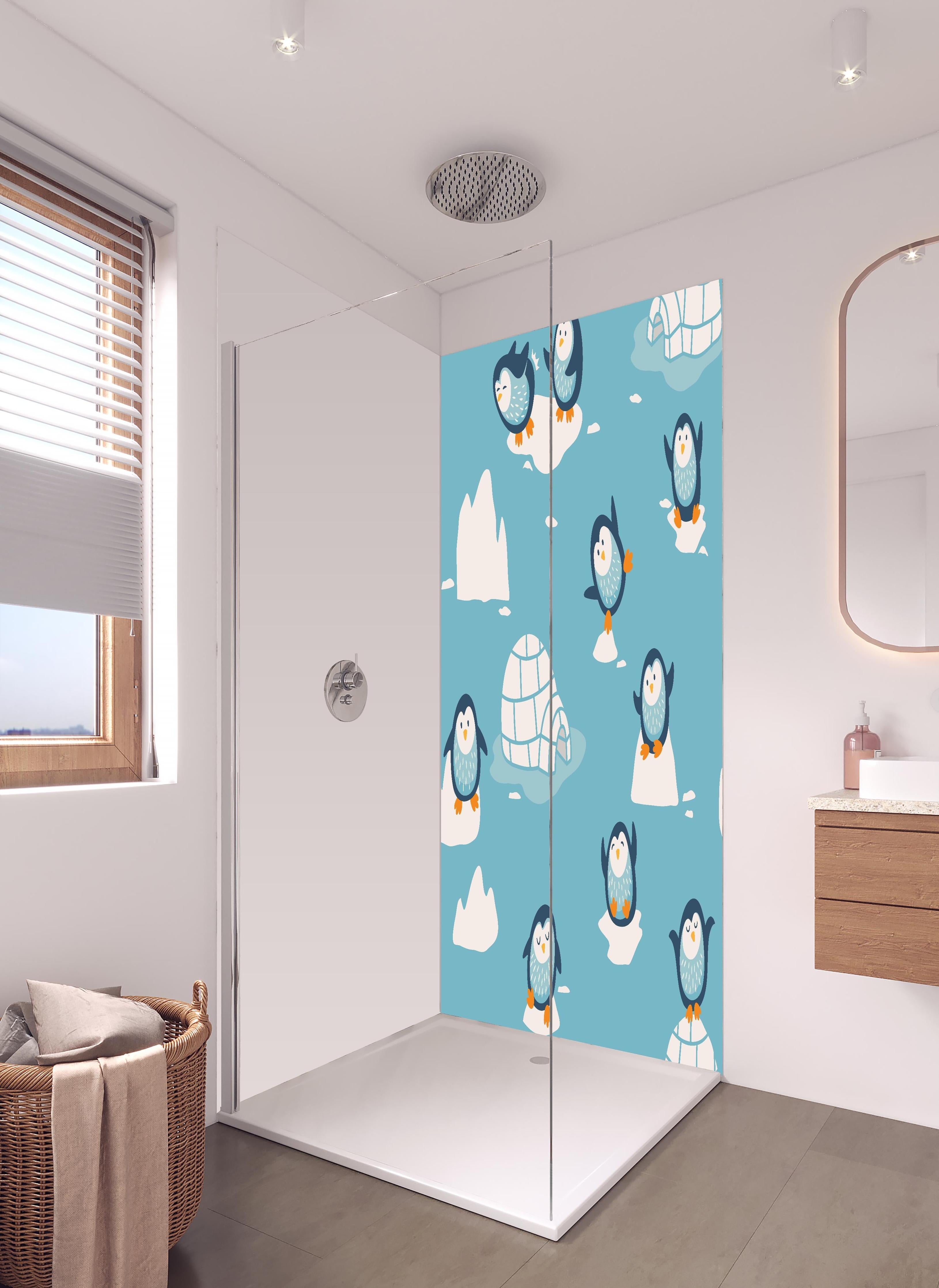 Duschrückwand - Kindlich-verspielte Pinguin-Textilillustration in hellem Badezimmer mit Regenduschkopf - zweiteilige Eck-Duschrückwand