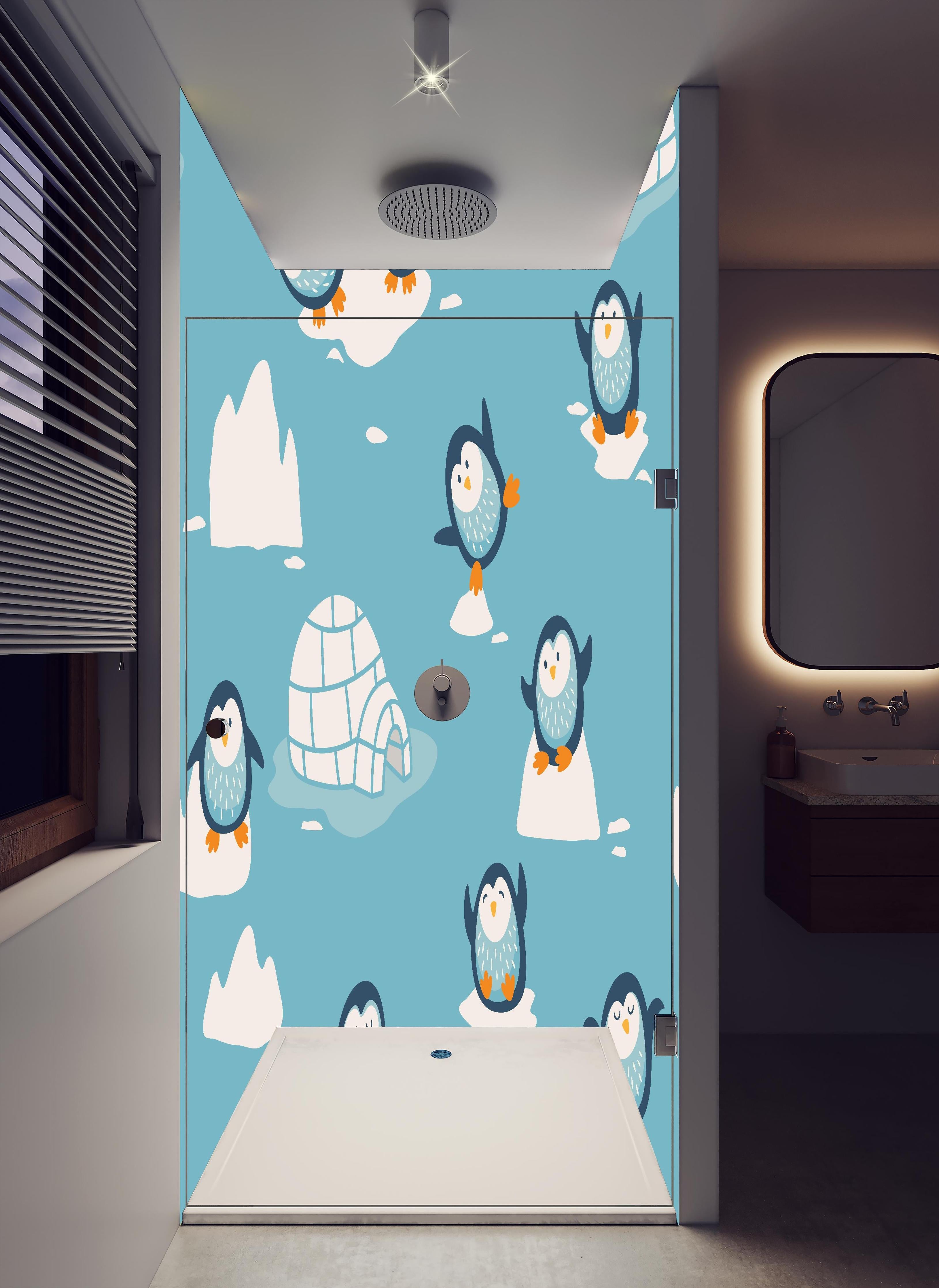 Duschrückwand - Kindlich-verspielte Pinguin-Textilillustration in hellem Badezimmer mit Regenduschkopf - zweiteilige Eck-Duschrückwand