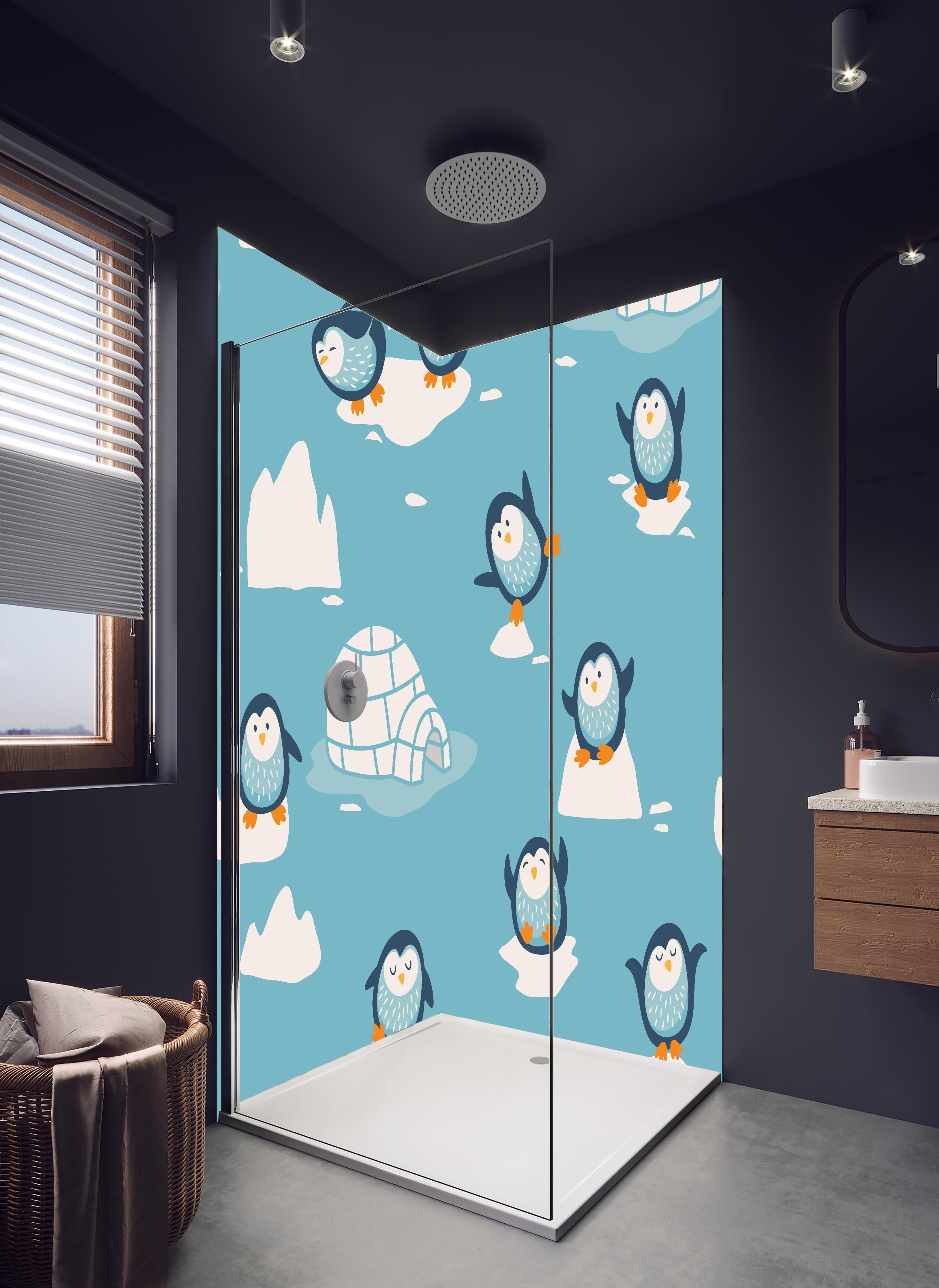 Duschrückwand - Kindlich-verspielte Pinguin-Textilillustration in hellem Badezimmer mit Regenduschkopf - zweiteilige Eck-Duschrückwand