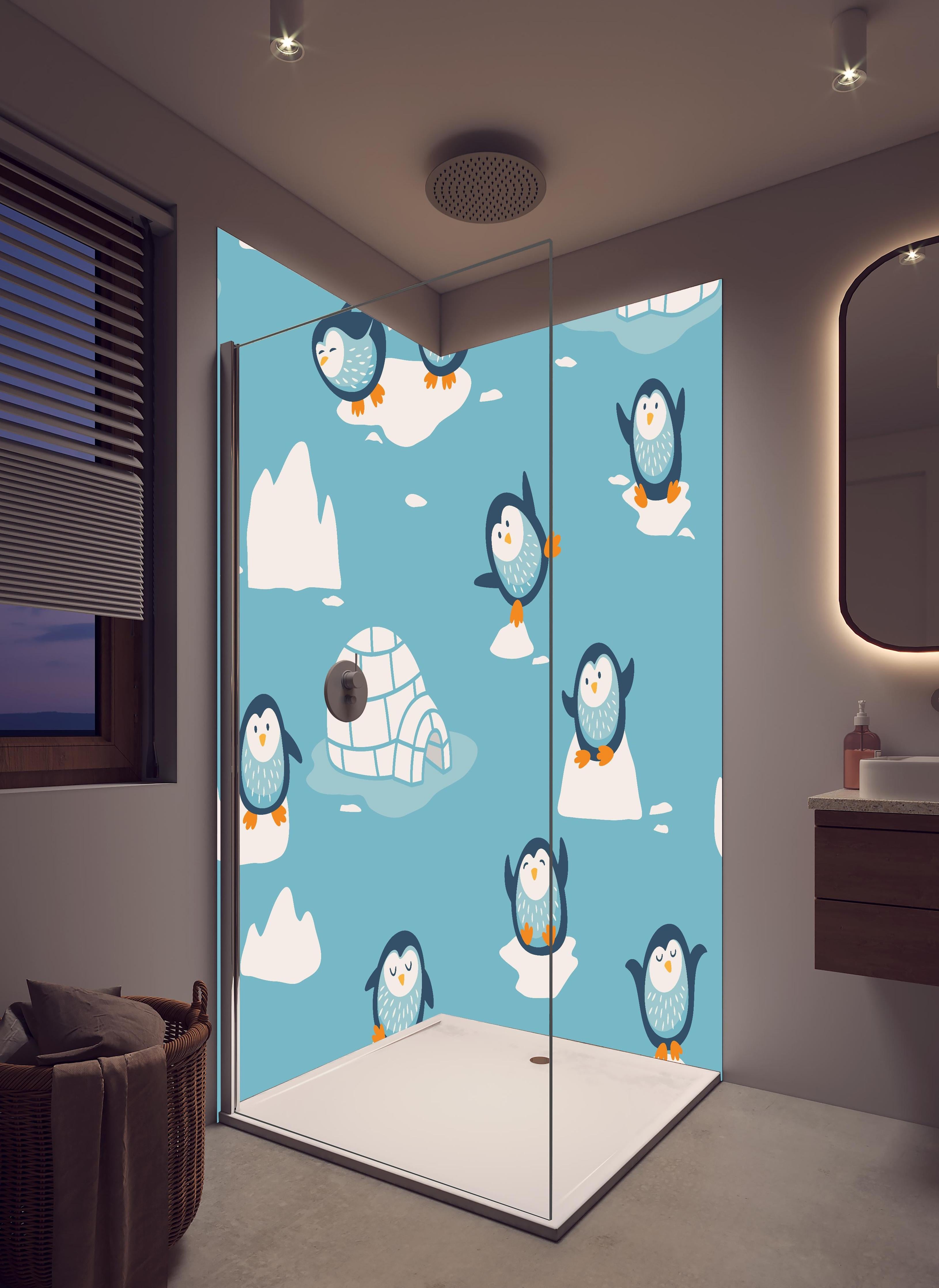 Duschrückwand - Kindlich-verspielte Pinguin-Textilillustration in hellem Badezimmer mit Regenduschkopf - zweiteilige Eck-Duschrückwand