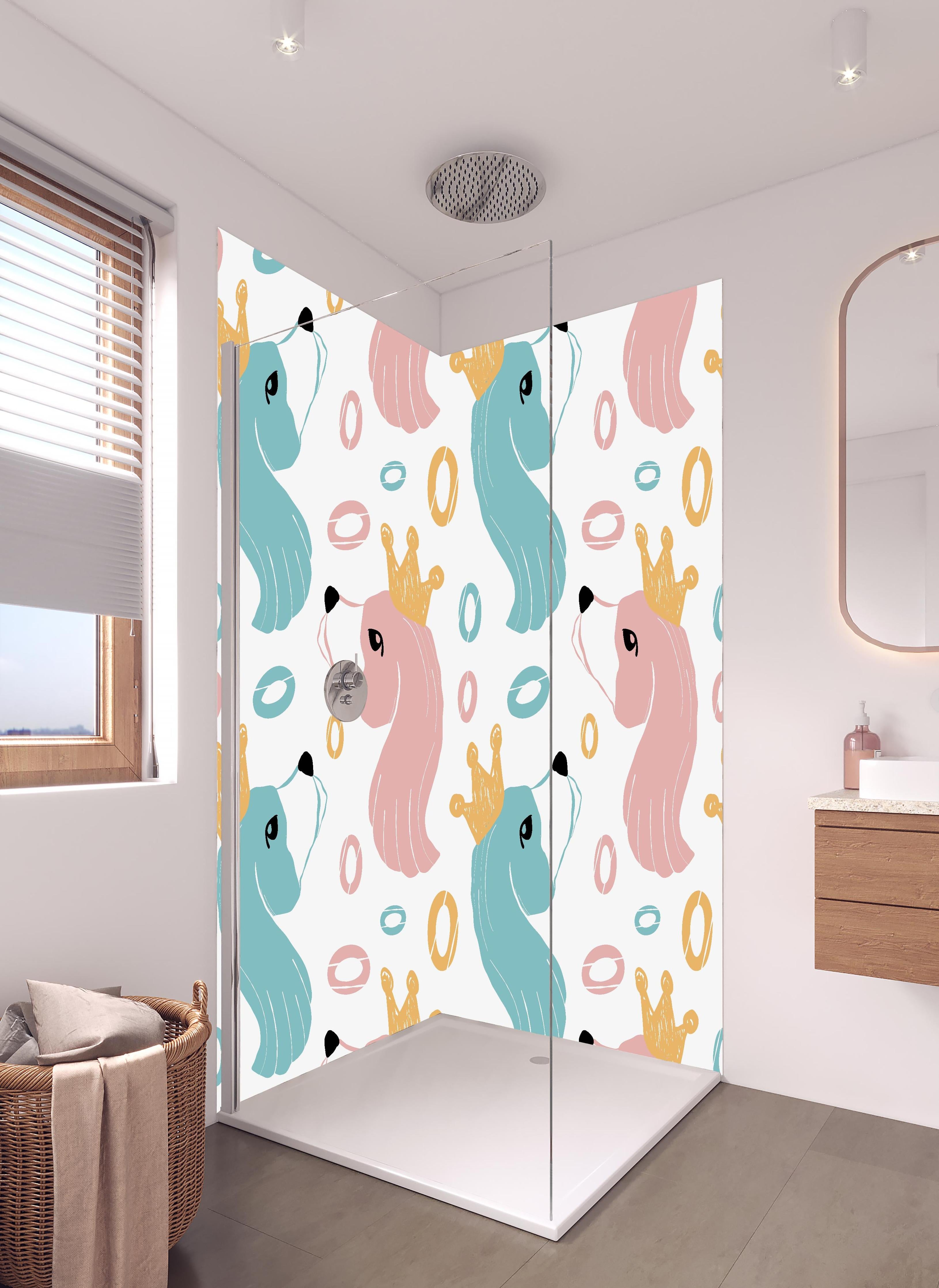 Duschrückwand - Kindliches Einhorn-Motiv mit Kronen in hellem Badezimmer mit Regenduschkopf - zweiteilige Eck-Duschrückwand