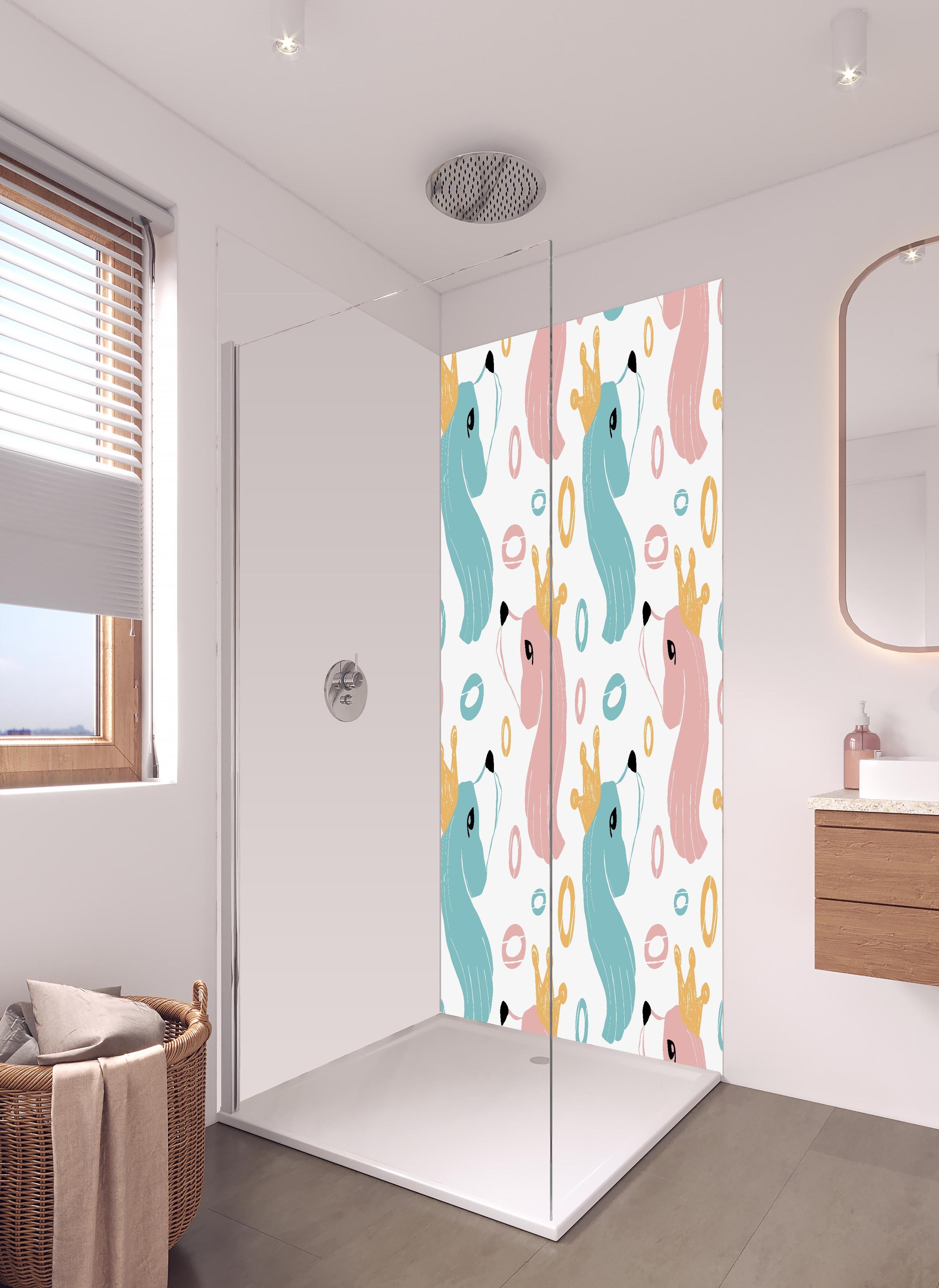 Duschrückwand - Kindliches Einhorn-Motiv mit Kronen in hellem Badezimmer mit Regenduschkopf - zweiteilige Eck-Duschrückwand