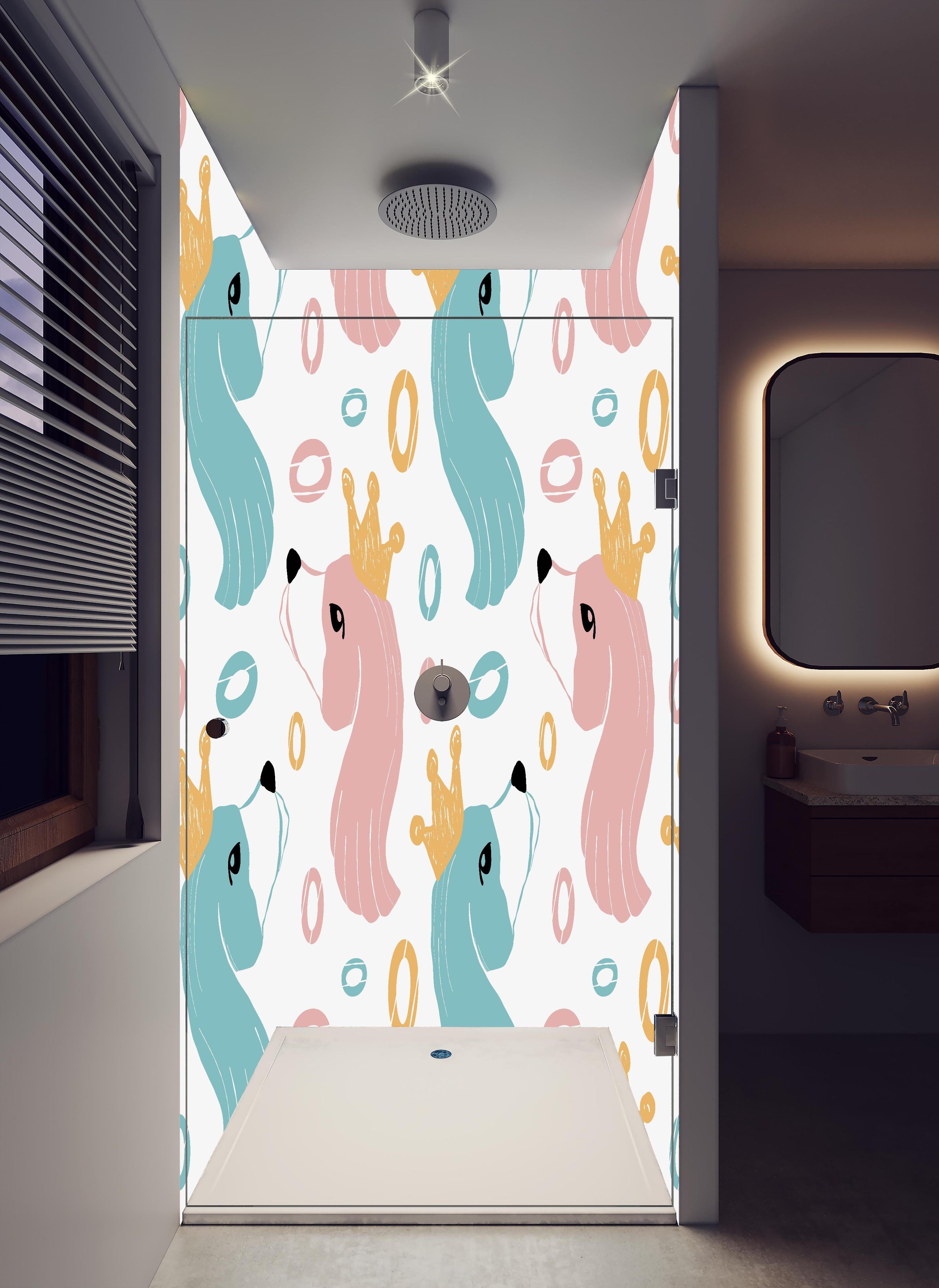 Duschrückwand - Kindliches Einhorn-Motiv mit Kronen in hellem Badezimmer mit Regenduschkopf - zweiteilige Eck-Duschrückwand