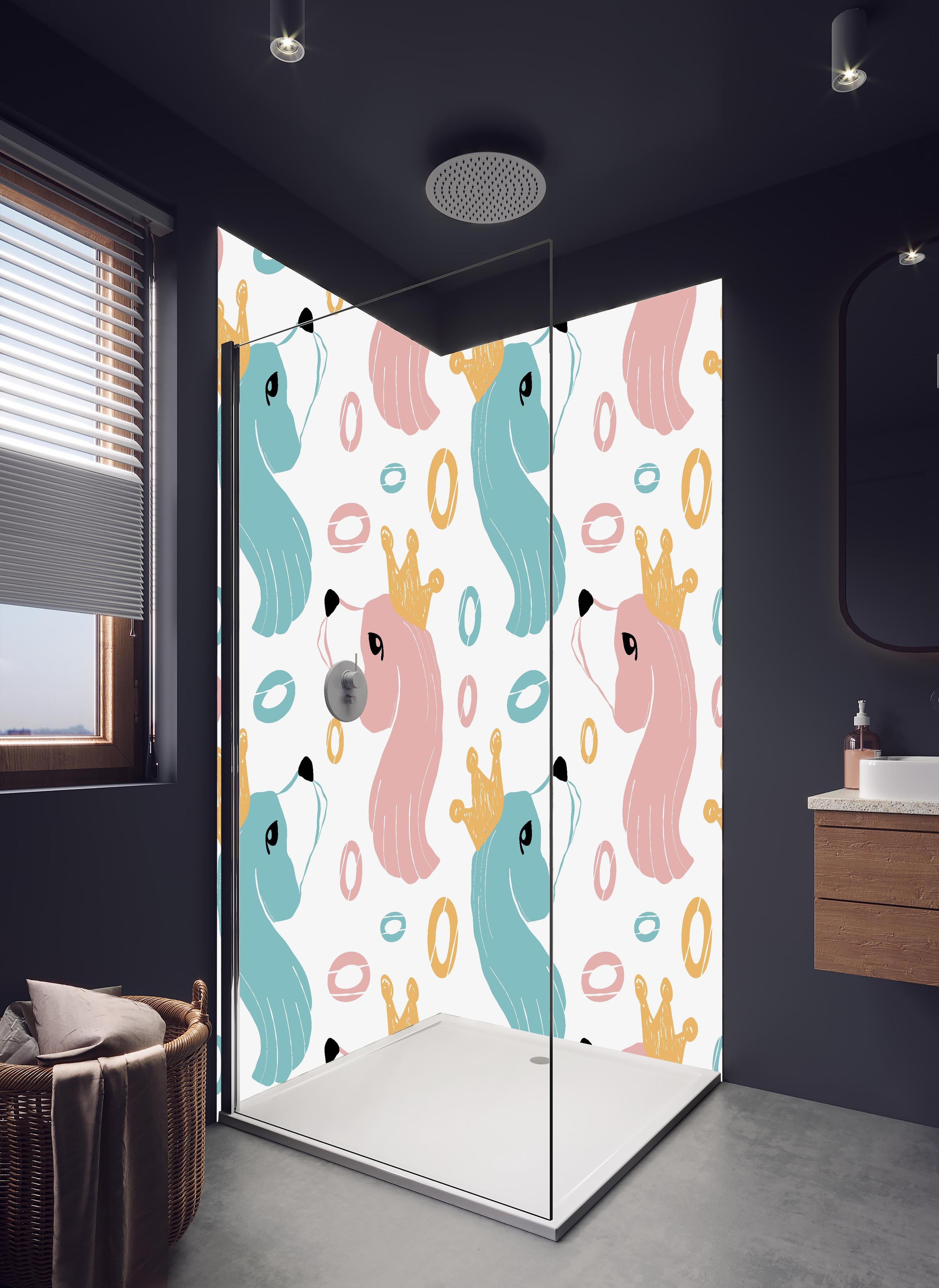 Duschrückwand - Kindliches Einhorn-Motiv mit Kronen in hellem Badezimmer mit Regenduschkopf - zweiteilige Eck-Duschrückwand