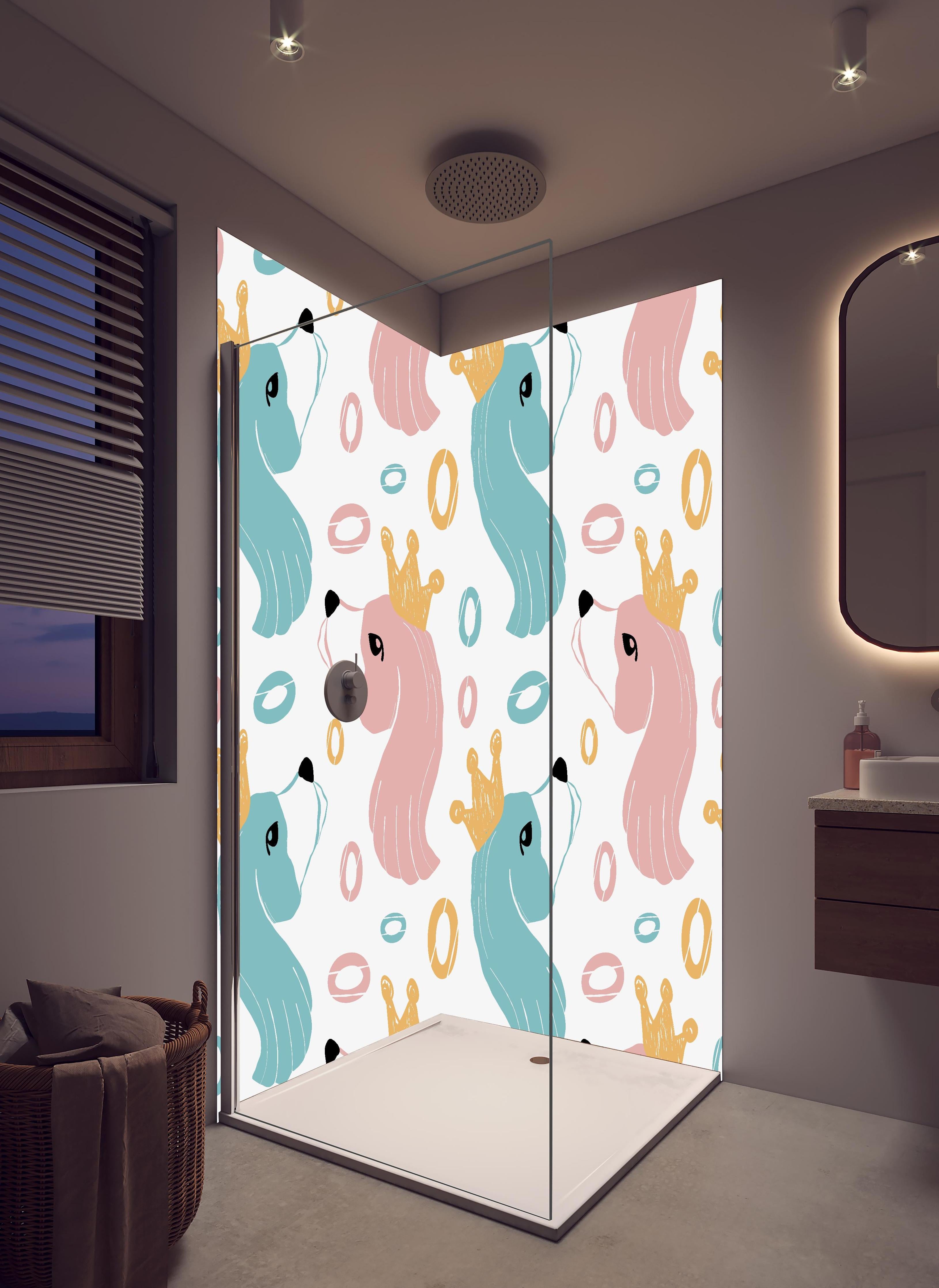 Duschrückwand - Kindliches Einhorn-Motiv mit Kronen in hellem Badezimmer mit Regenduschkopf - zweiteilige Eck-Duschrückwand