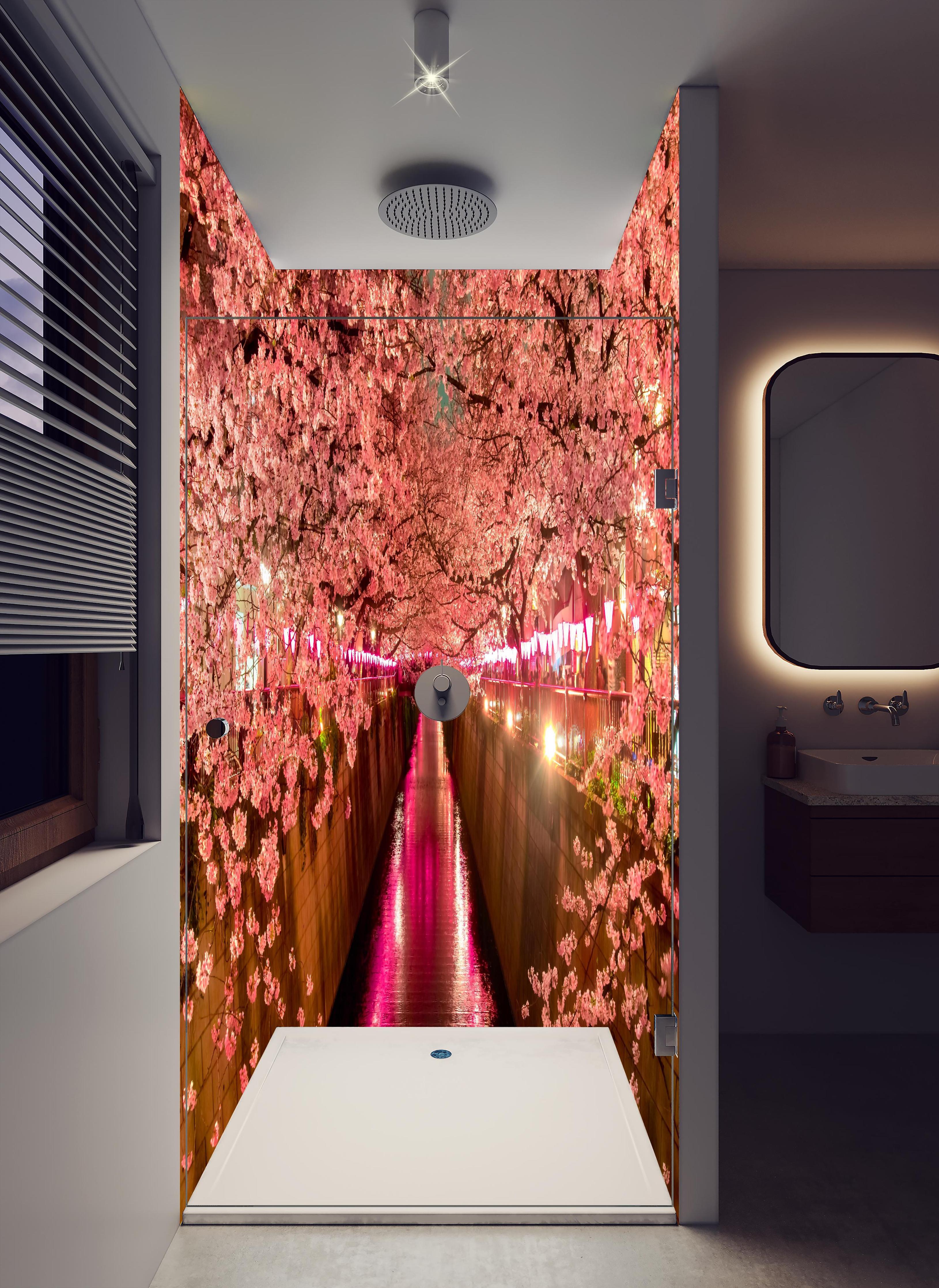 Duschrückwand - Kirschblüten bei Nacht in Tokio in hellem Badezimmer mit Regenduschkopf - zweiteilige Eck-Duschrückwand