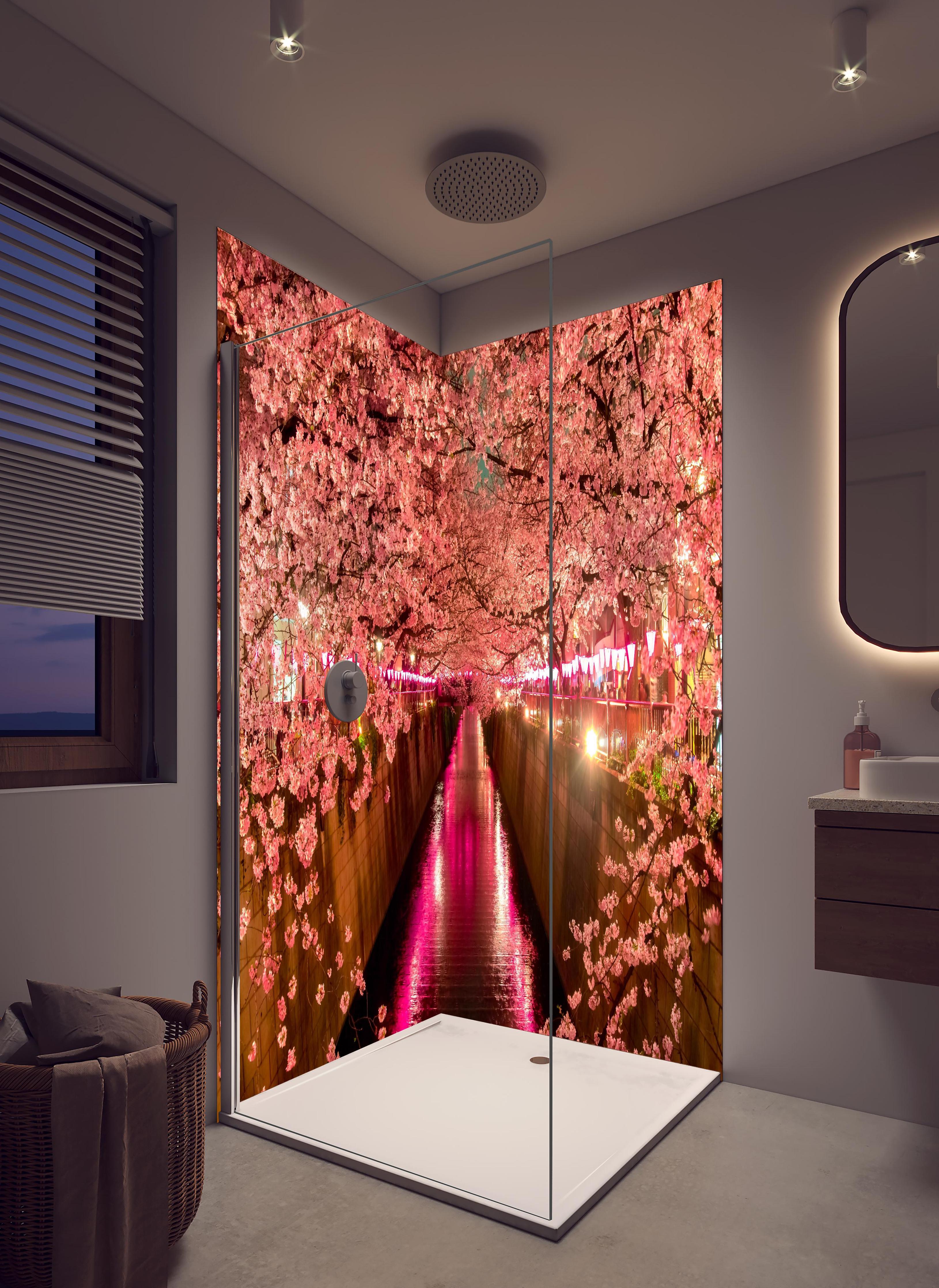 Duschrückwand - Kirschblüten bei Nacht in Tokio in hellem Badezimmer mit Regenduschkopf - zweiteilige Eck-Duschrückwand