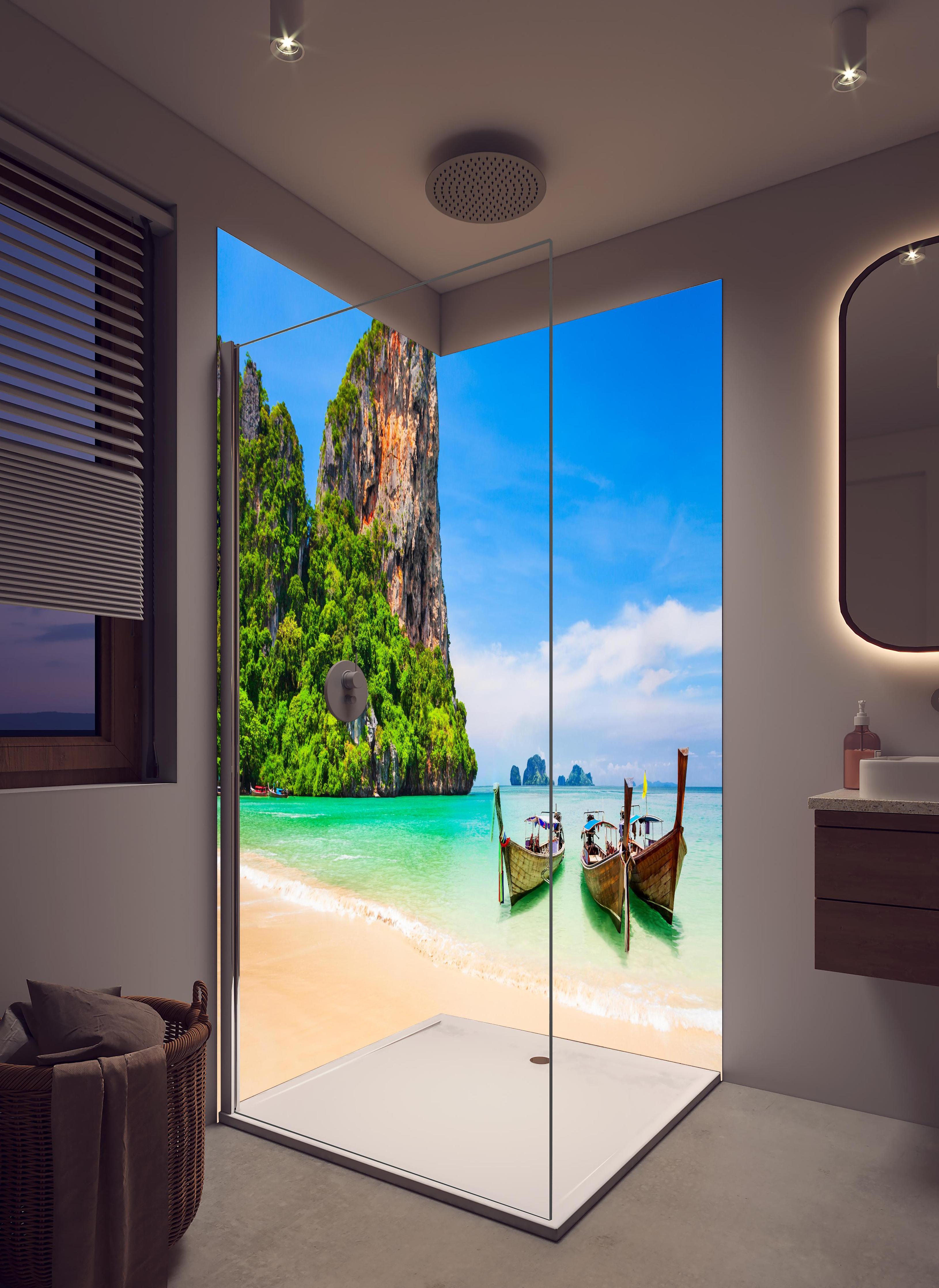 Duschrückwand - Klarwasserstrand in Thailand in hellem Badezimmer mit Regenduschkopf - zweiteilige Eck-Duschrückwand