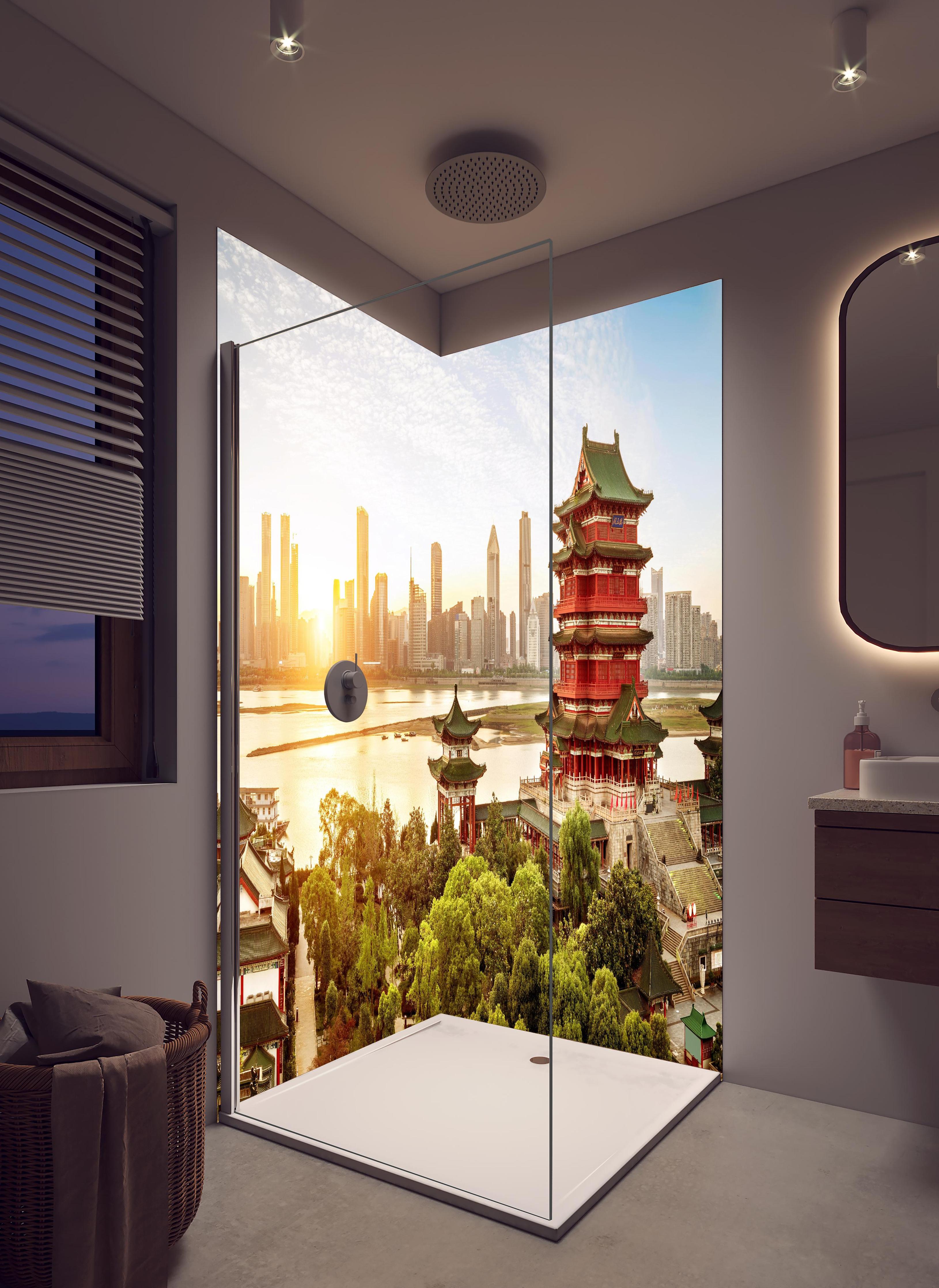 Duschrückwand - Klassische chinesische Architektur in hellem Badezimmer mit Regenduschkopf - zweiteilige Eck-Duschrückwand