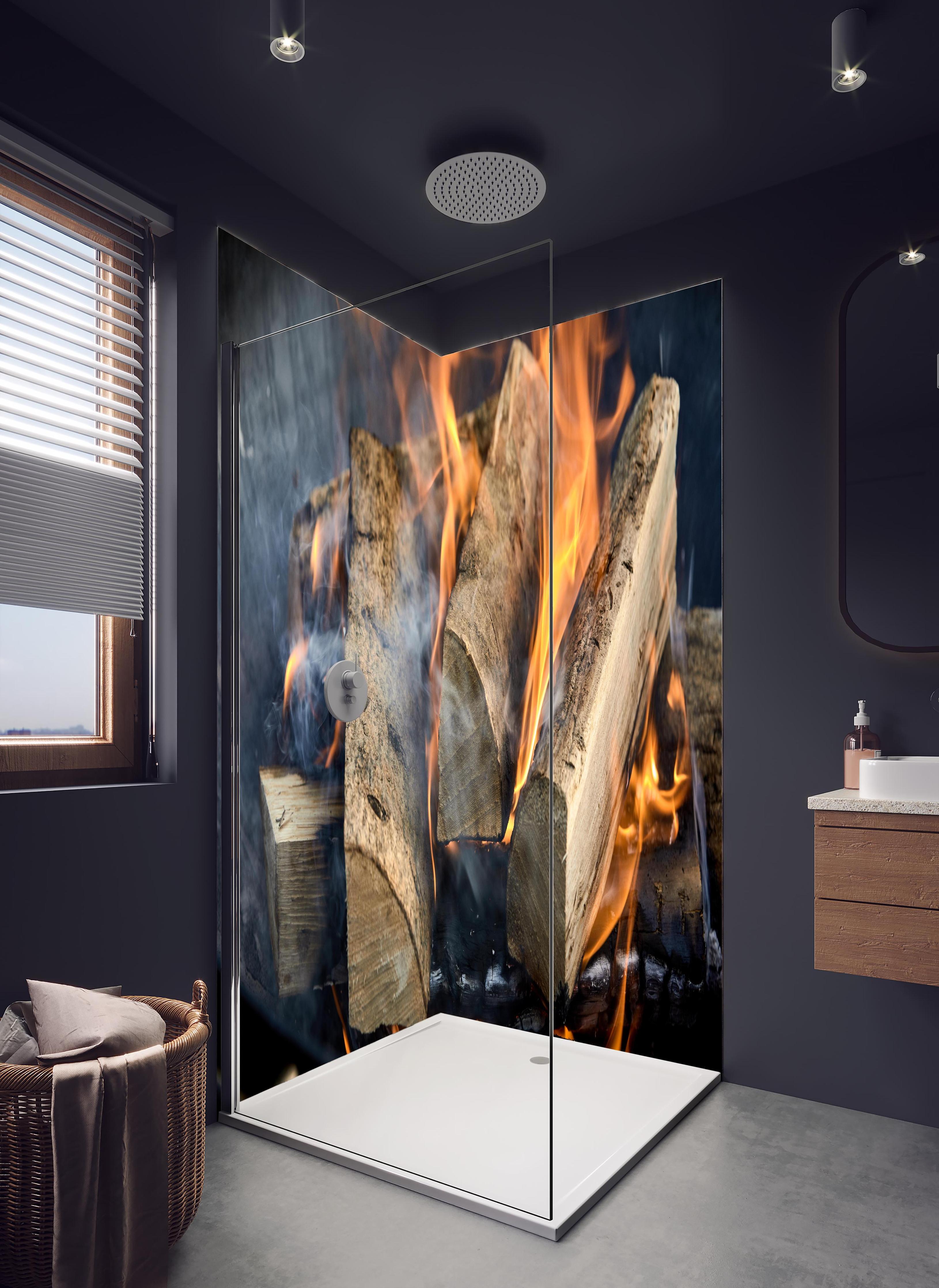 Duschrückwand - Klassisches Feuer in hellem Badezimmer mit Regenduschkopf - zweiteilige Eck-Duschrückwand