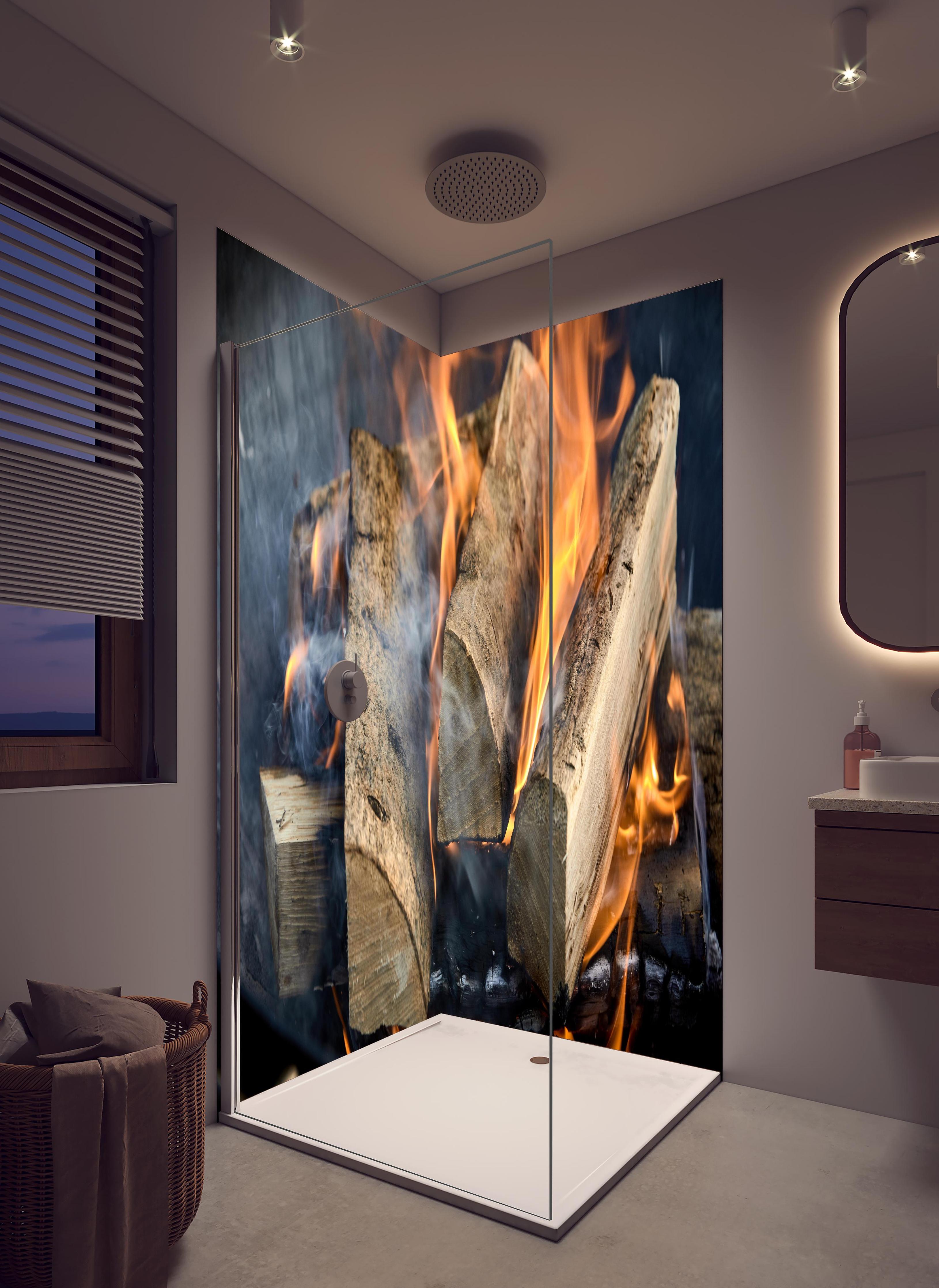 Duschrückwand - Klassisches Feuer in hellem Badezimmer mit Regenduschkopf - zweiteilige Eck-Duschrückwand