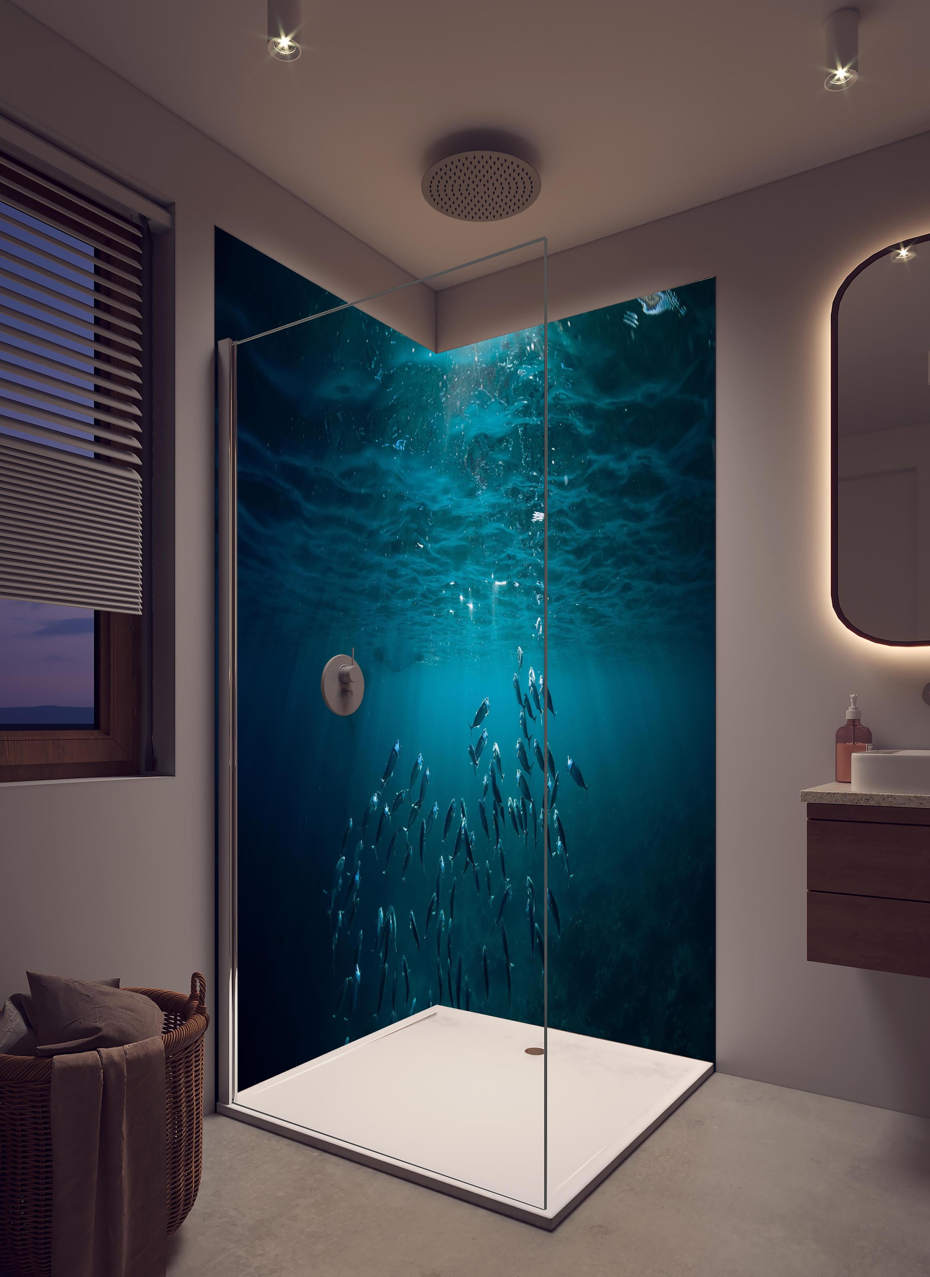 Duschrückwand - Kleiner Fischschwarm Unterwasser in hellem Badezimmer mit Regenduschkopf - zweiteilige Eck-Duschrückwand