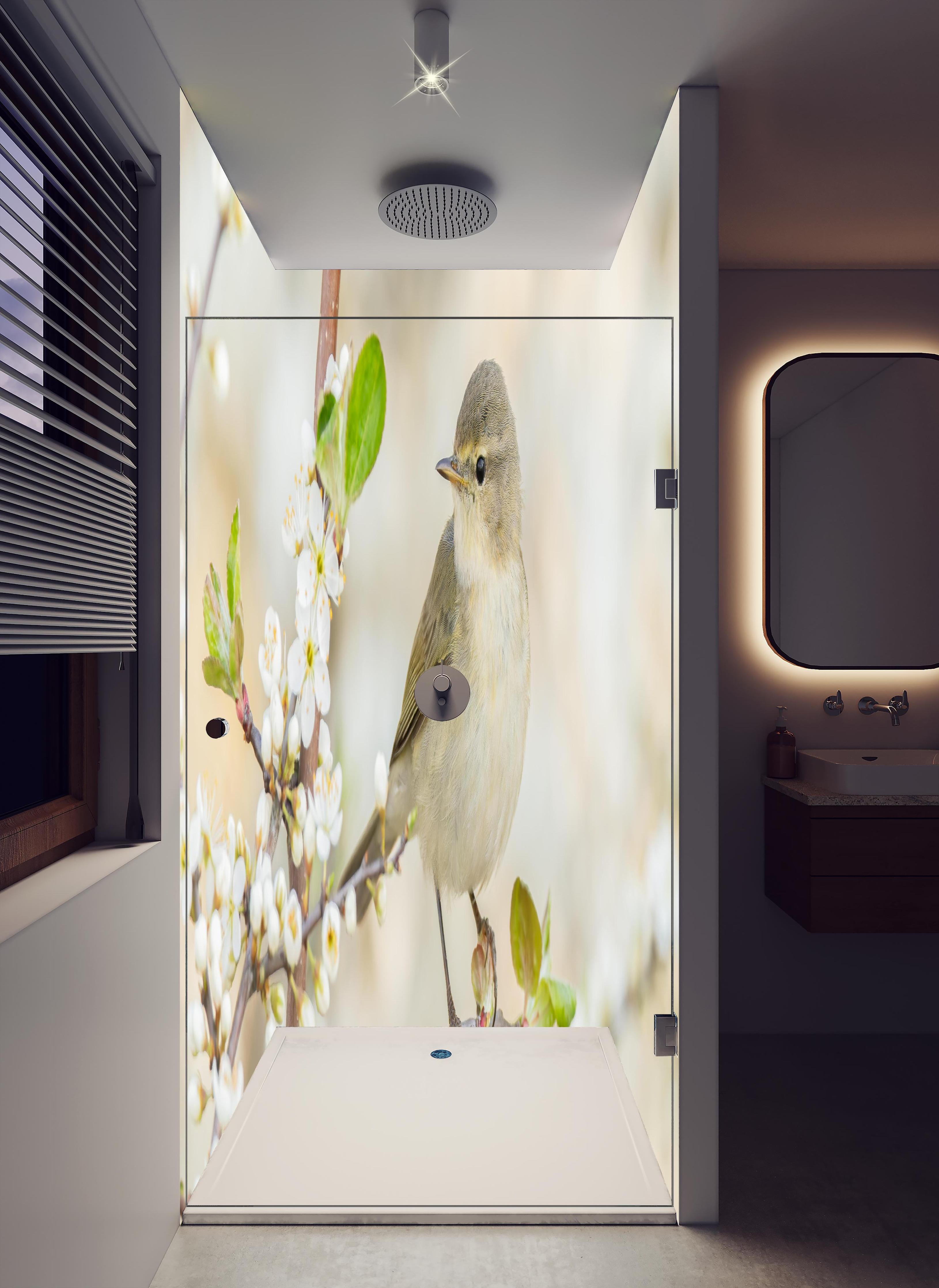Duschrückwand - Kleiner Vogel am Baumzweig in hellem Badezimmer mit Regenduschkopf - zweiteilige Eck-Duschrückwand