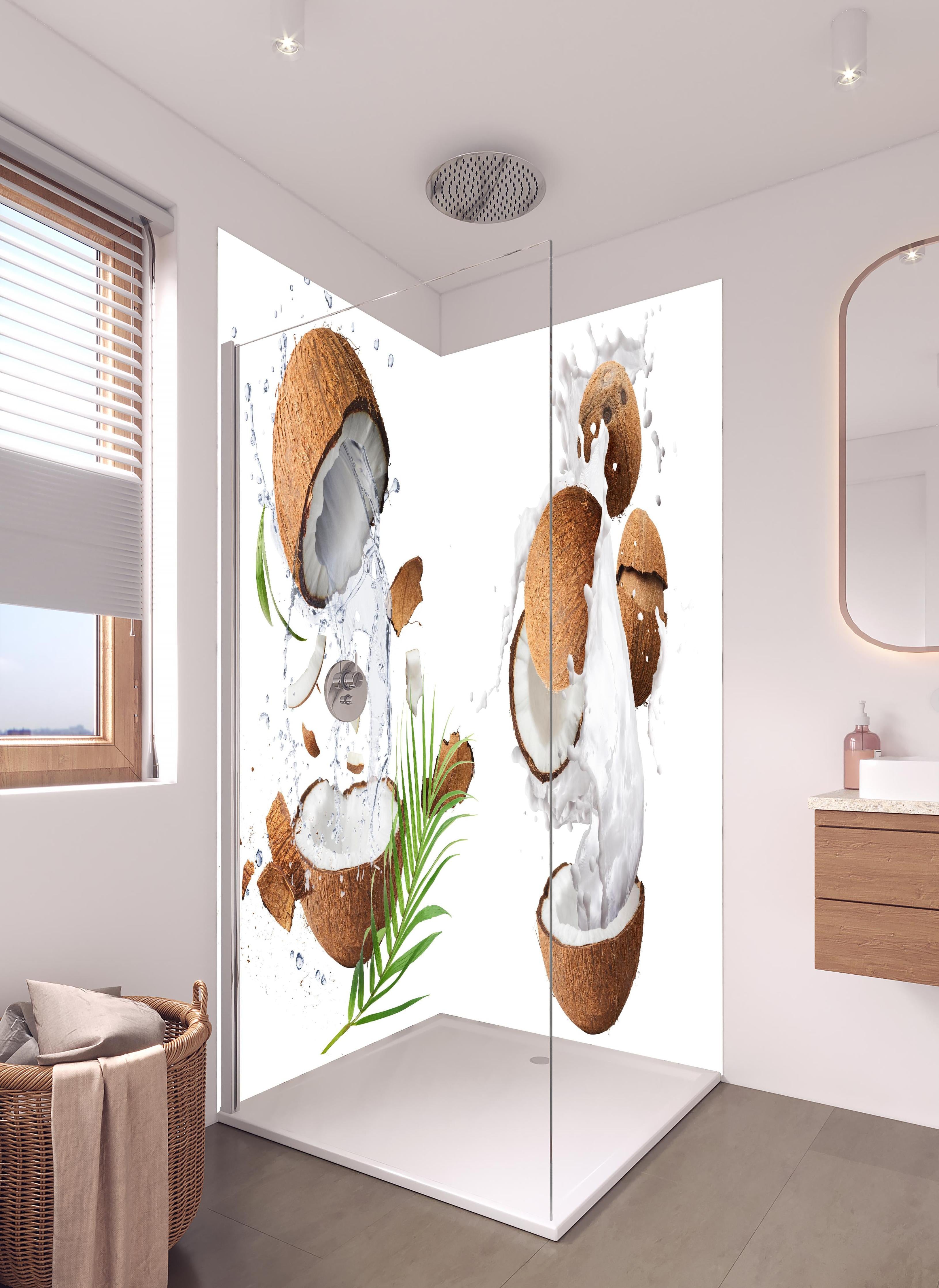 Duschrückwand - Kokosnuss mit frischem Milchspritzer in hellem Badezimmer mit Regenduschkopf - zweiteilige Eck-Duschrückwand