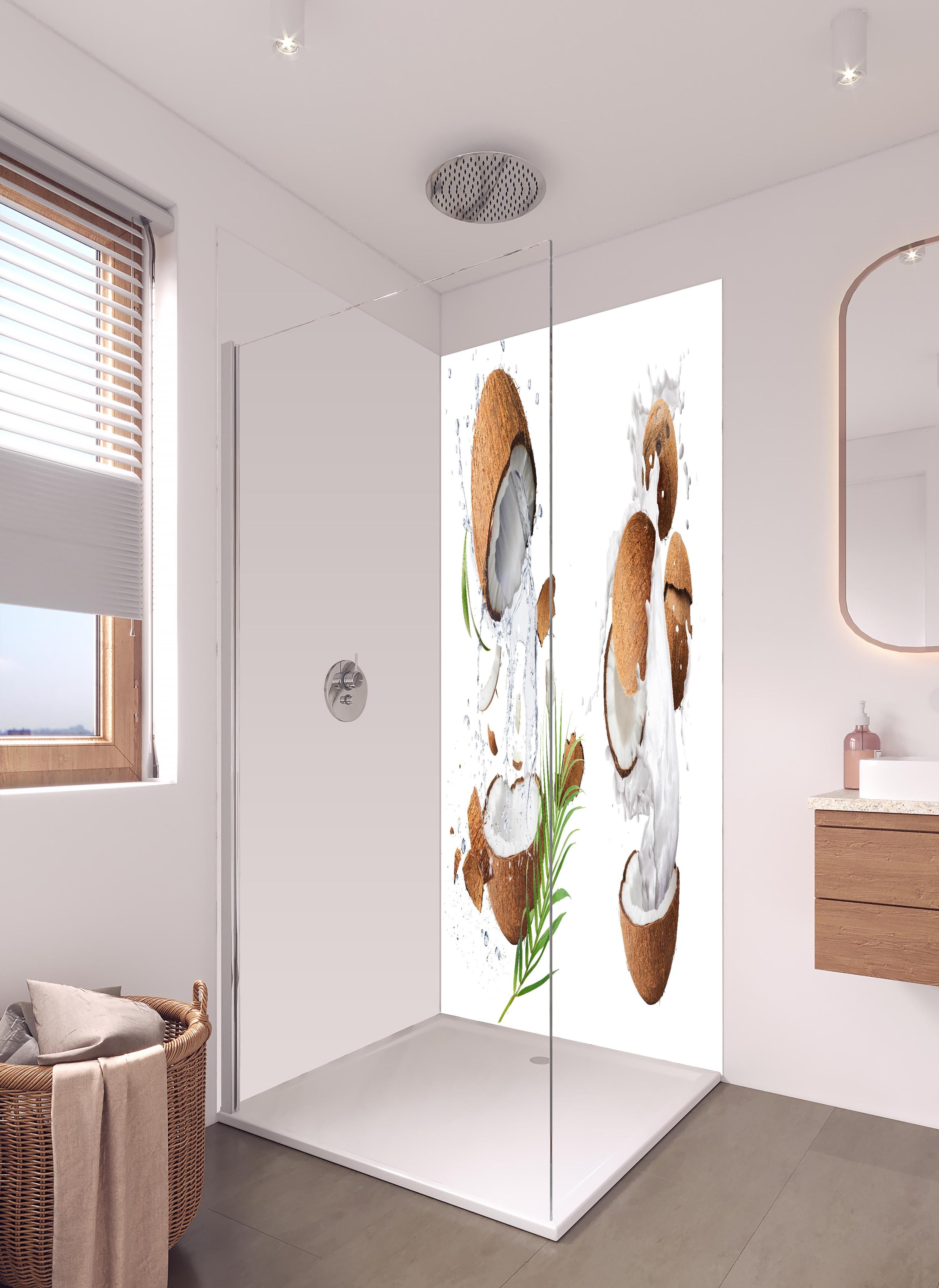 Duschrückwand - Kokosnuss mit frischem Milchspritzer in hellem Badezimmer mit Regenduschkopf - zweiteilige Eck-Duschrückwand