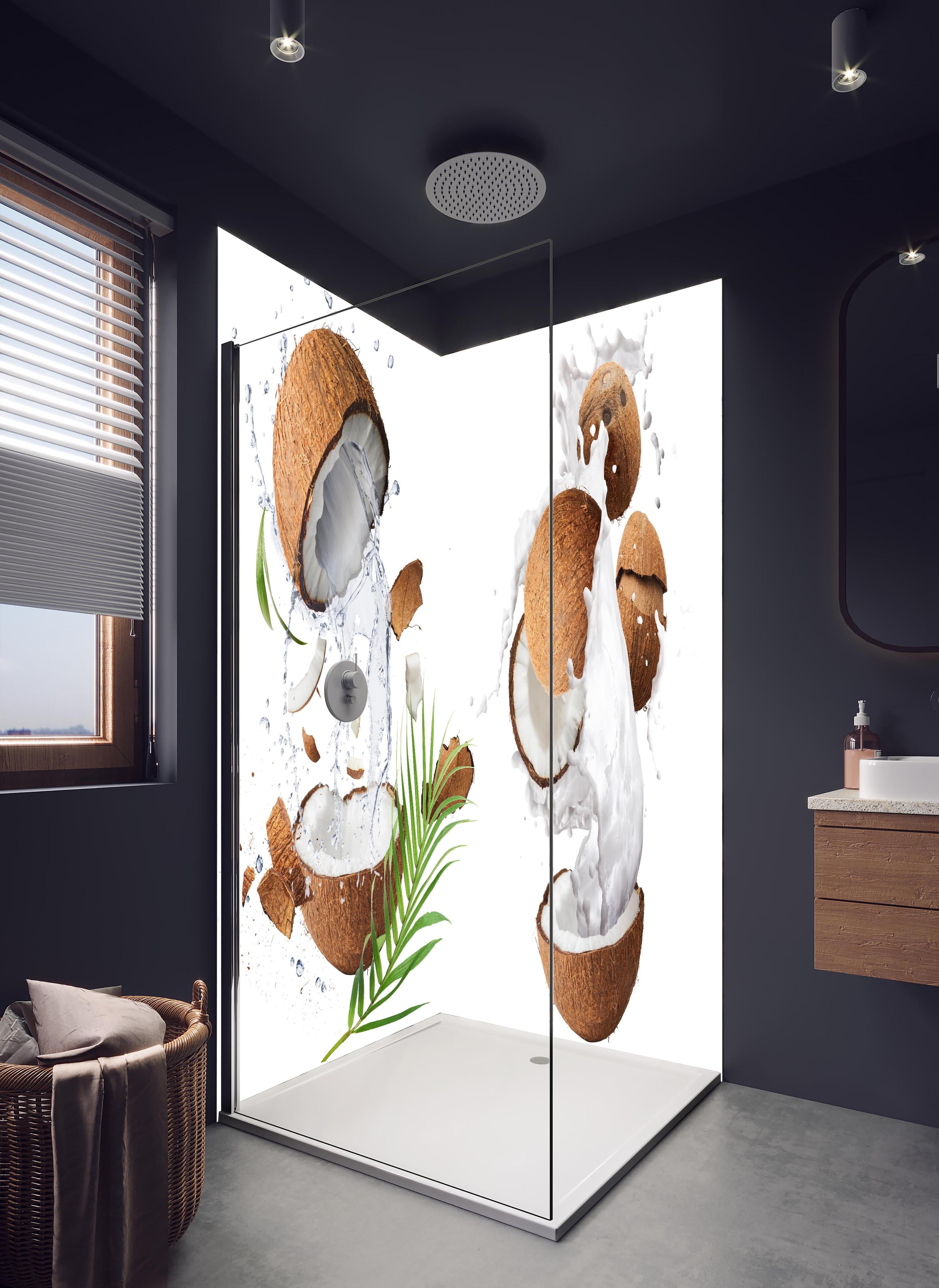 Duschrückwand - Kokosnuss mit frischem Milchspritzer in hellem Badezimmer mit Regenduschkopf - zweiteilige Eck-Duschrückwand