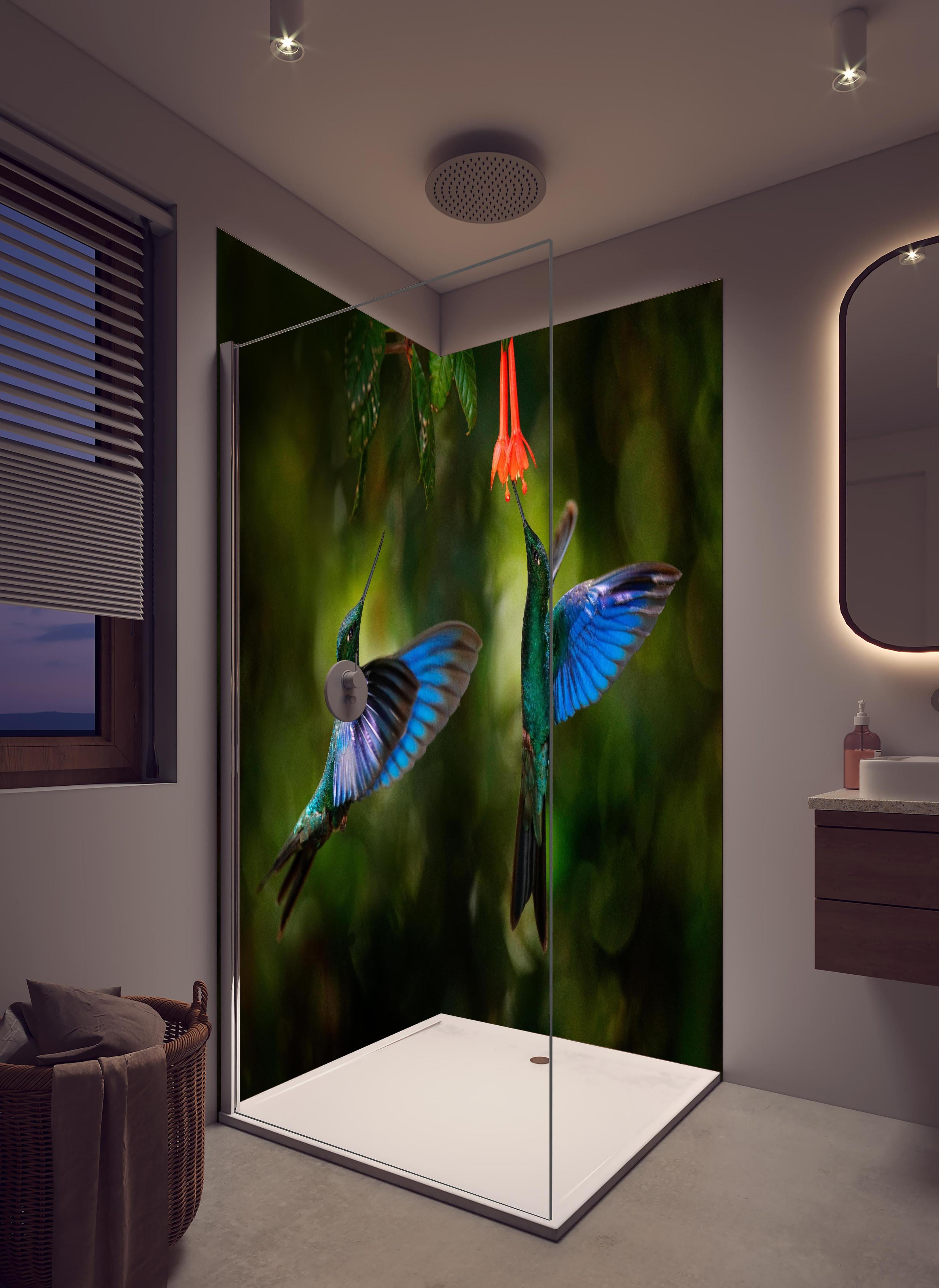 Duschrückwand - Kolibris an der Blüte in hellem Badezimmer mit Regenduschkopf - zweiteilige Eck-Duschrückwand