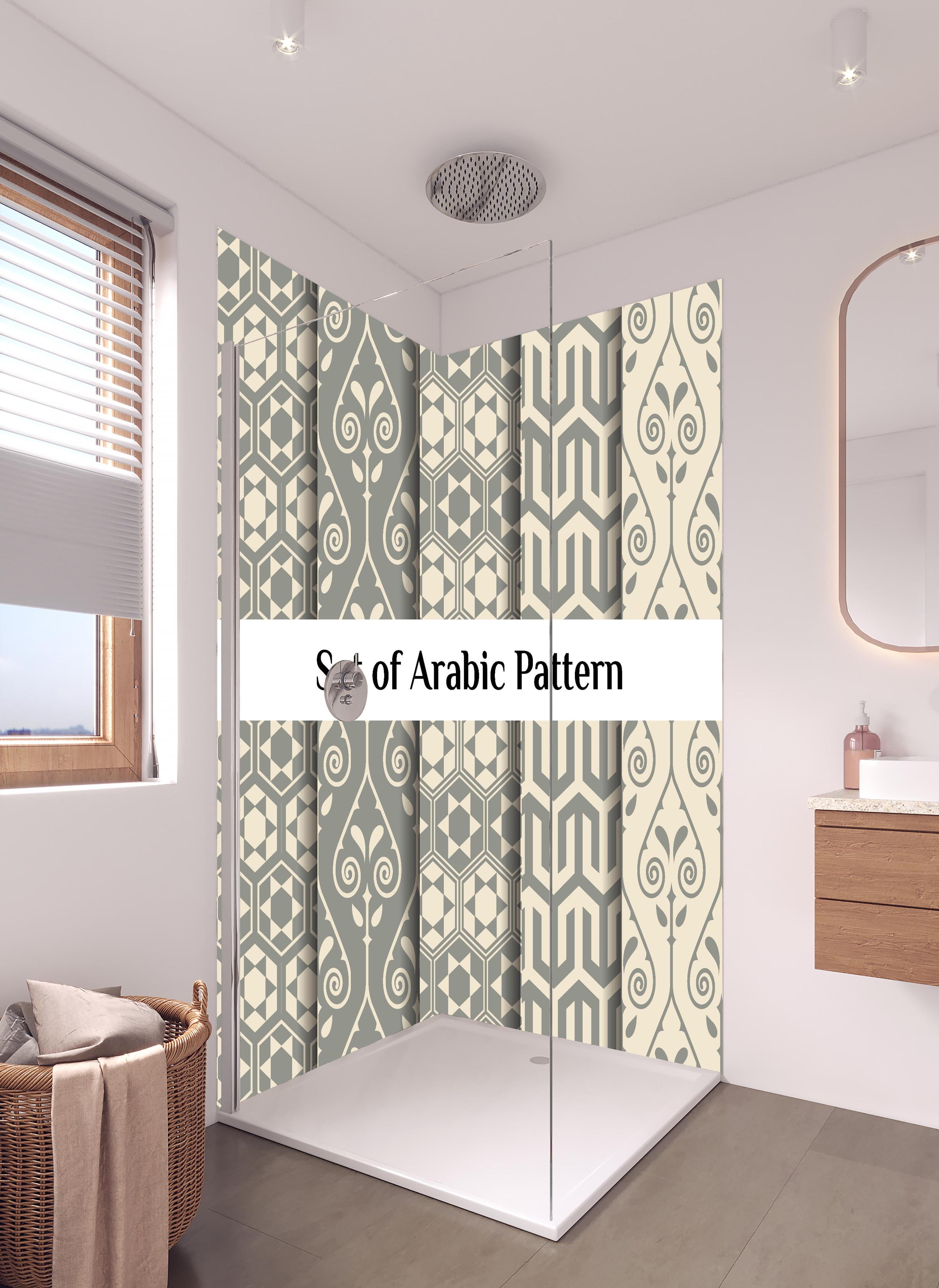 Duschrückwand - Kollektion Arabischer Muster in Grau in hellem Badezimmer mit Regenduschkopf - zweiteilige Eck-Duschrückwand