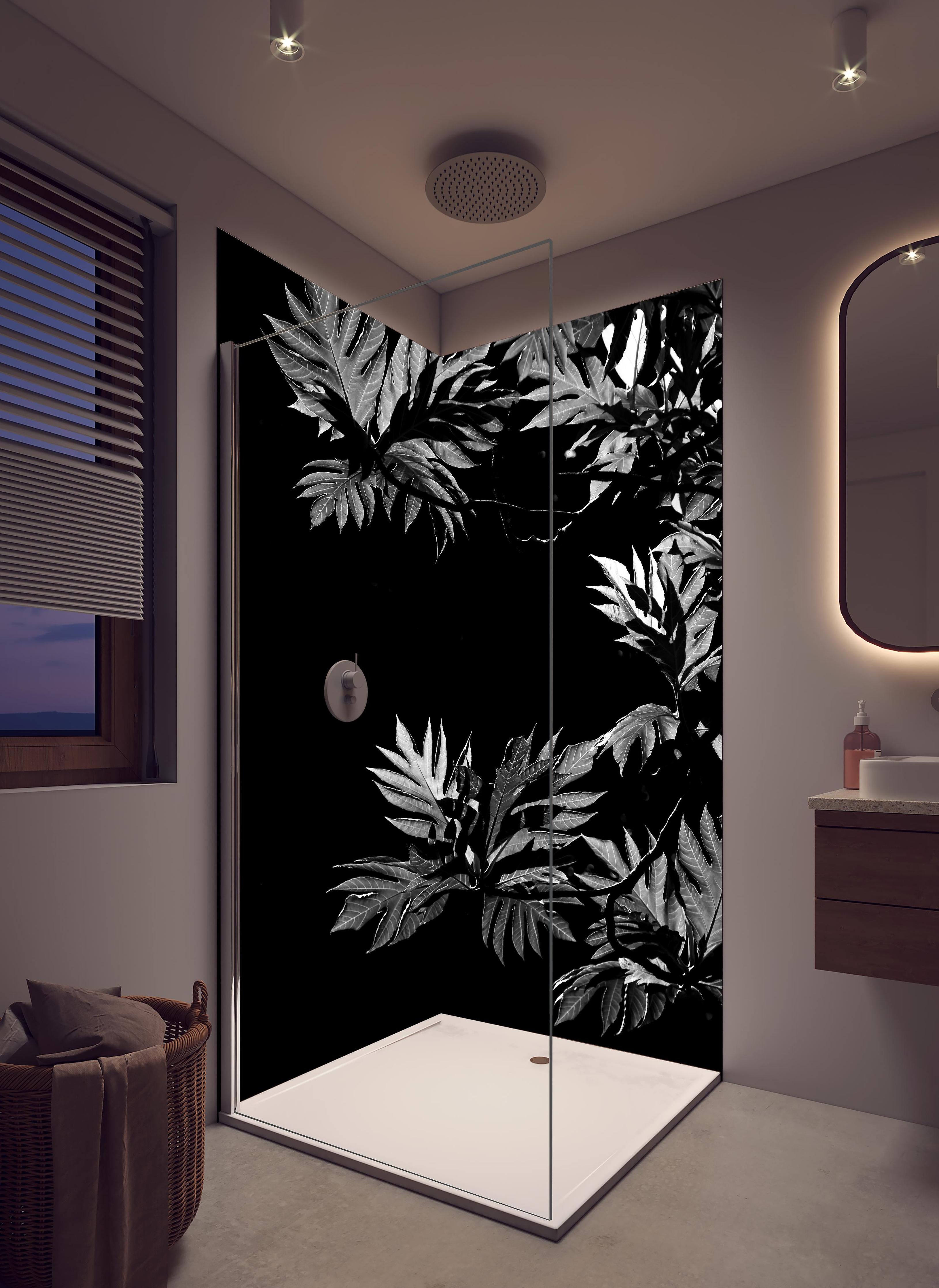 Duschrückwand - Kontrastreiche Blätter auf schwarzem Hintergrund in hellem Badezimmer mit Regenduschkopf - zweiteilige Eck-Duschrückwand