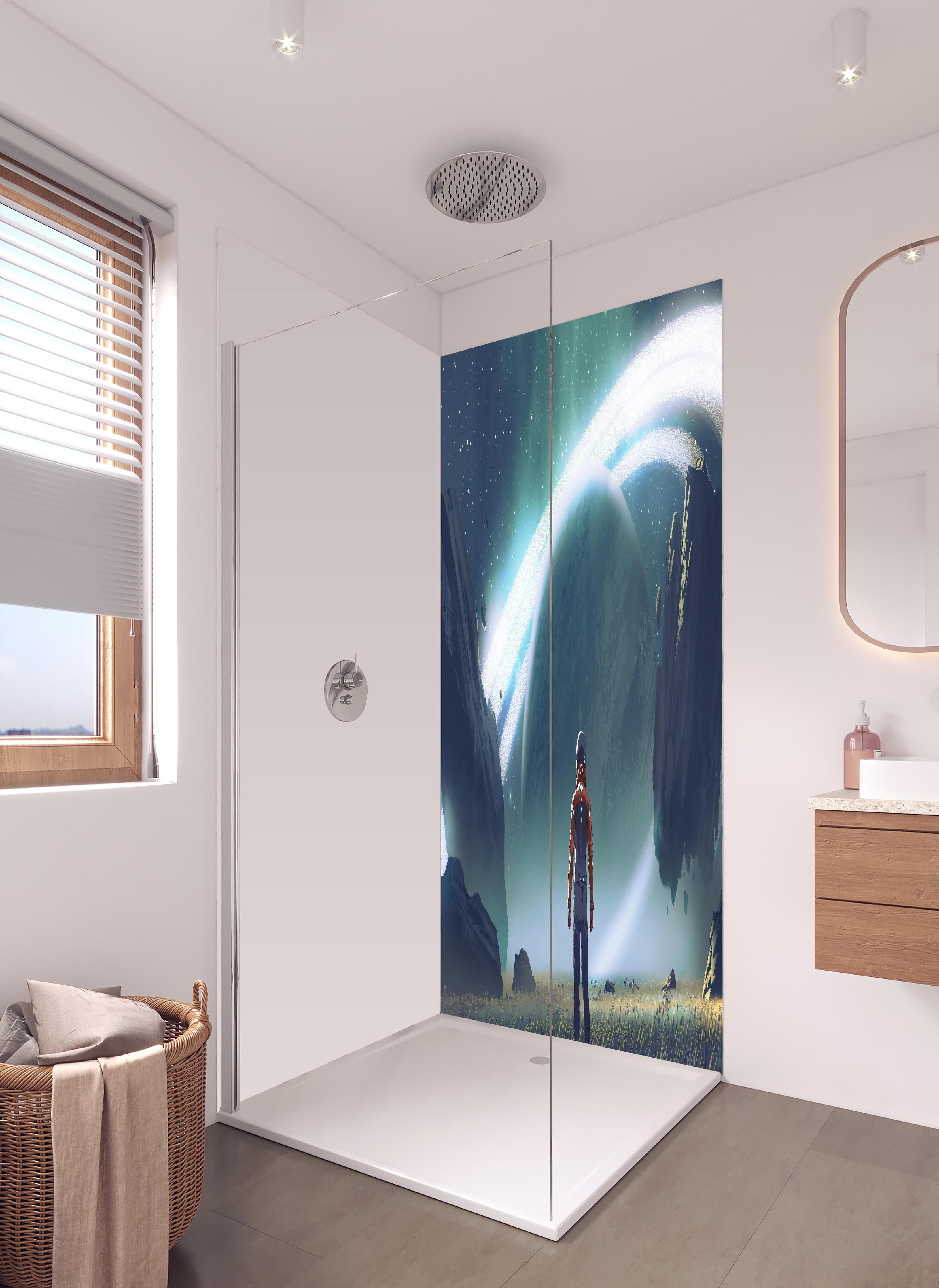 Duschrückwand - Kosmischer Astronaut beim Planetenblick in hellem Badezimmer mit Regenduschkopf - zweiteilige Eck-Duschrückwand