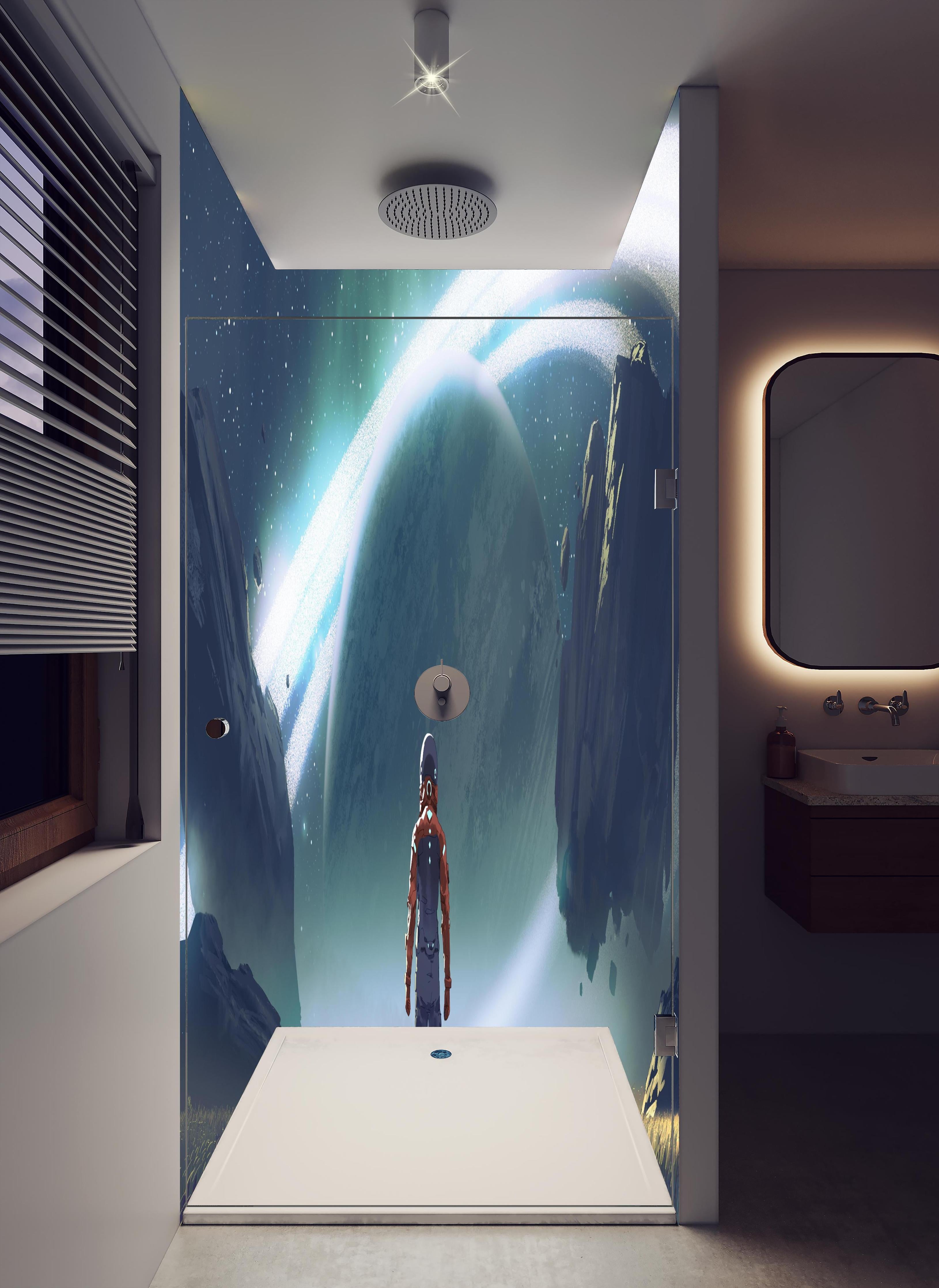 Duschrückwand - Kosmischer Astronaut beim Planetenblick in hellem Badezimmer mit Regenduschkopf - zweiteilige Eck-Duschrückwand