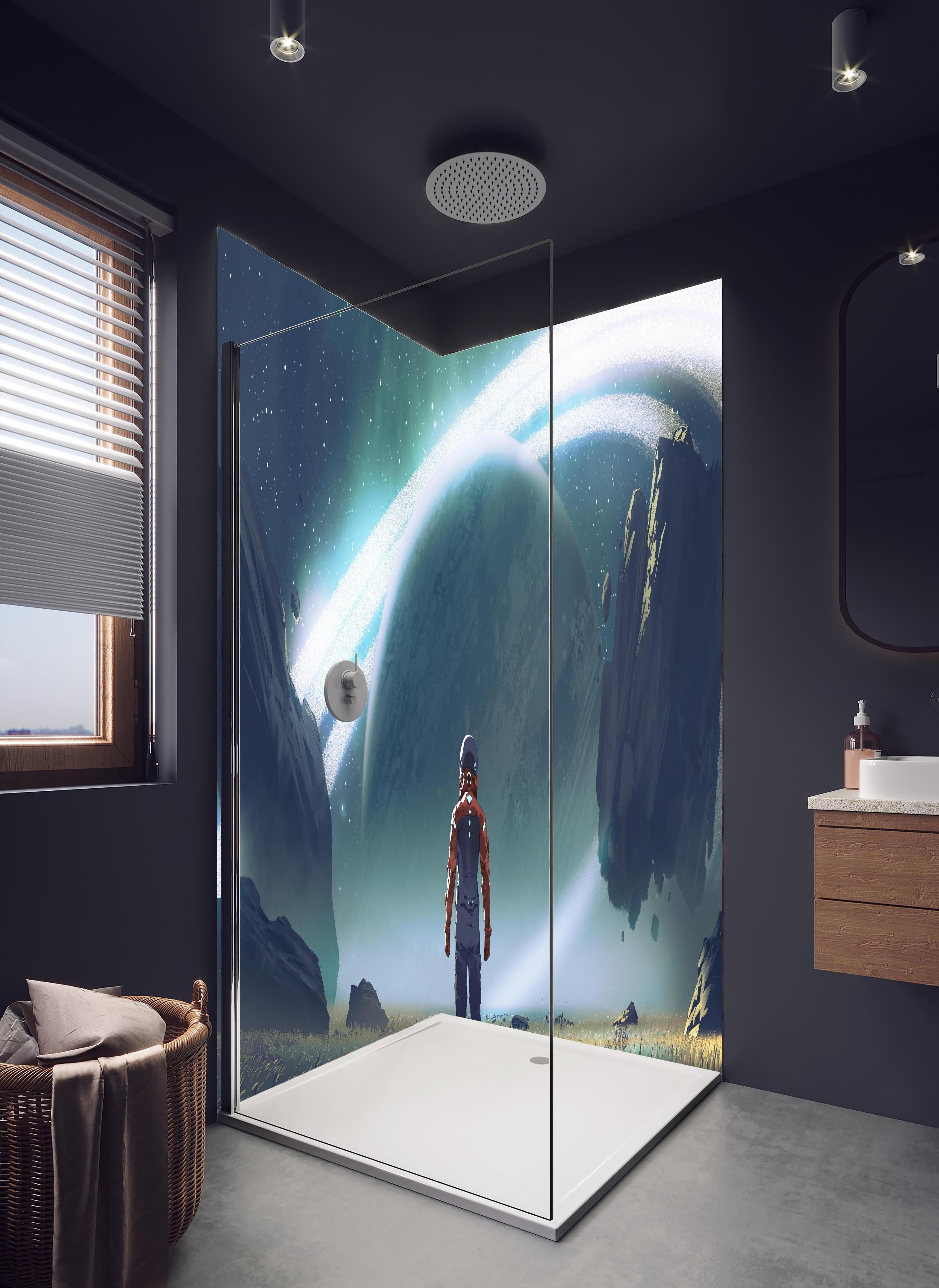 Duschrückwand - Kosmischer Astronaut beim Planetenblick in hellem Badezimmer mit Regenduschkopf - zweiteilige Eck-Duschrückwand
