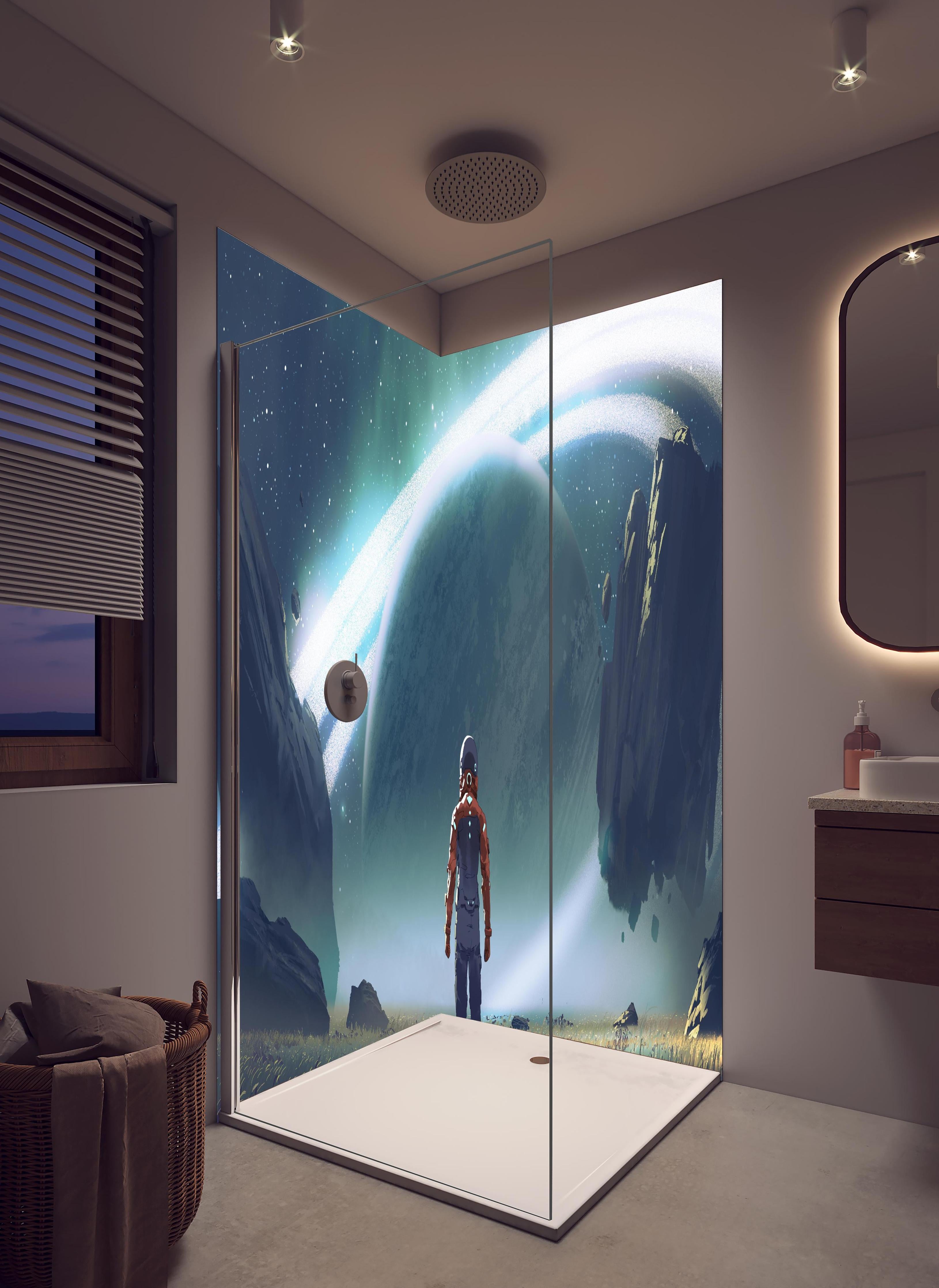 Duschrückwand - Kosmischer Astronaut beim Planetenblick in hellem Badezimmer mit Regenduschkopf - zweiteilige Eck-Duschrückwand