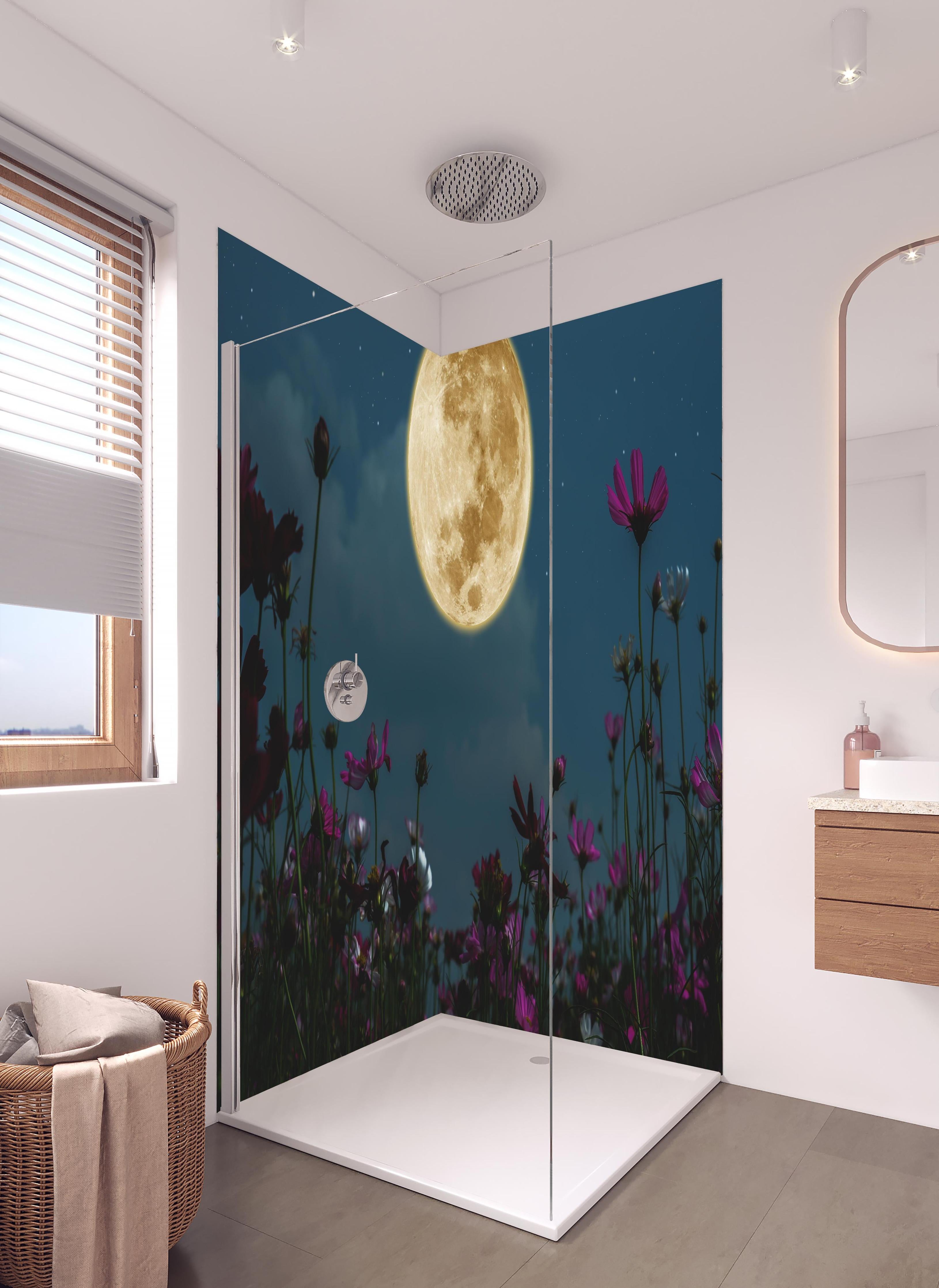 Duschrückwand - Kosmosblüten bei Vollmond in hellem Badezimmer mit Regenduschkopf - zweiteilige Eck-Duschrückwand